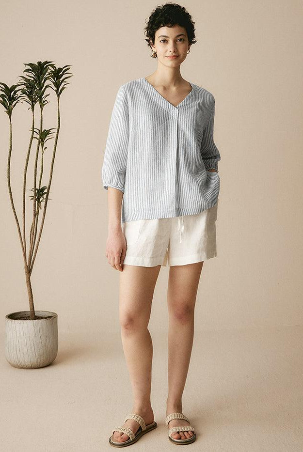 100% Linen Puff Sleeves Top - TOPS-Linen Blouses
