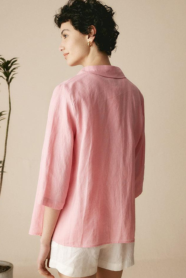 100% Linen Peter Pan Collar 3/4 Sleeve Shirt ASTRID - TOPS-Linen Button Down Shirts