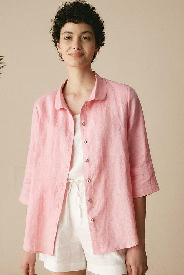 100% Linen Peter Pan Collar 3/4 Sleeve Shirt ASTRID - TOPS-Linen Button Down Shirts
