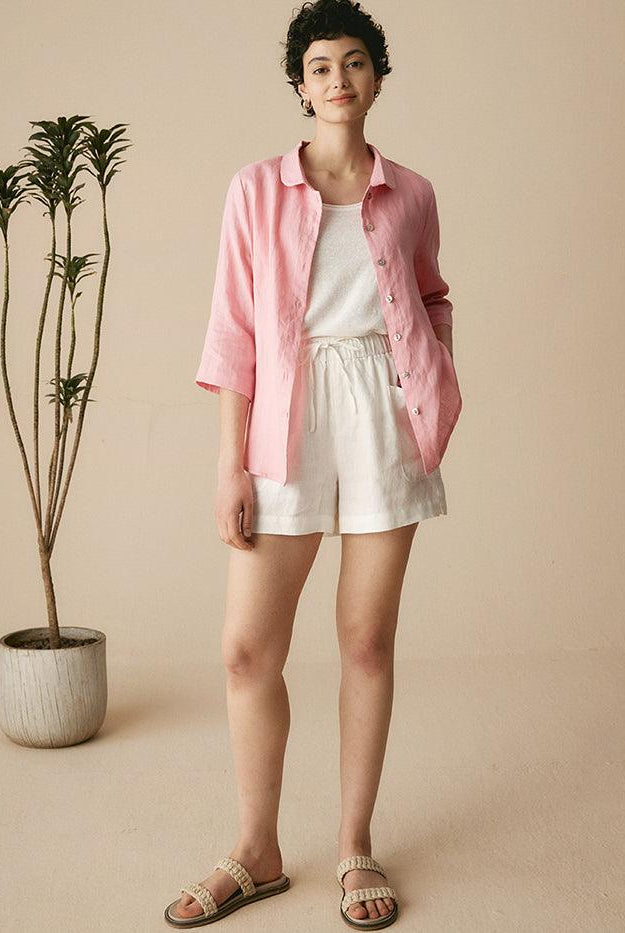 100% Linen Peter Pan Collar 3/4 Sleeve Shirt ASTRID - TOPS-Linen Button Down Shirts