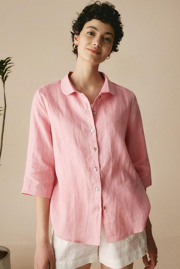 100% Linen Peter Pan Collar 3/4 Sleeve Shirt ASTRID - Pastel Pink / XS - TOPS-Linen Button Down Shirts