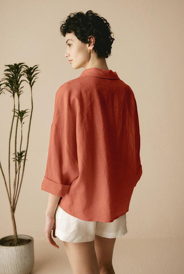 Linen Plaid Oversized Fit Pocket Shirt - TOPS-Linen Blouses