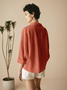 Linen Plaid Oversized Fit Pocket Shirt - TOPS-Linen Blouses