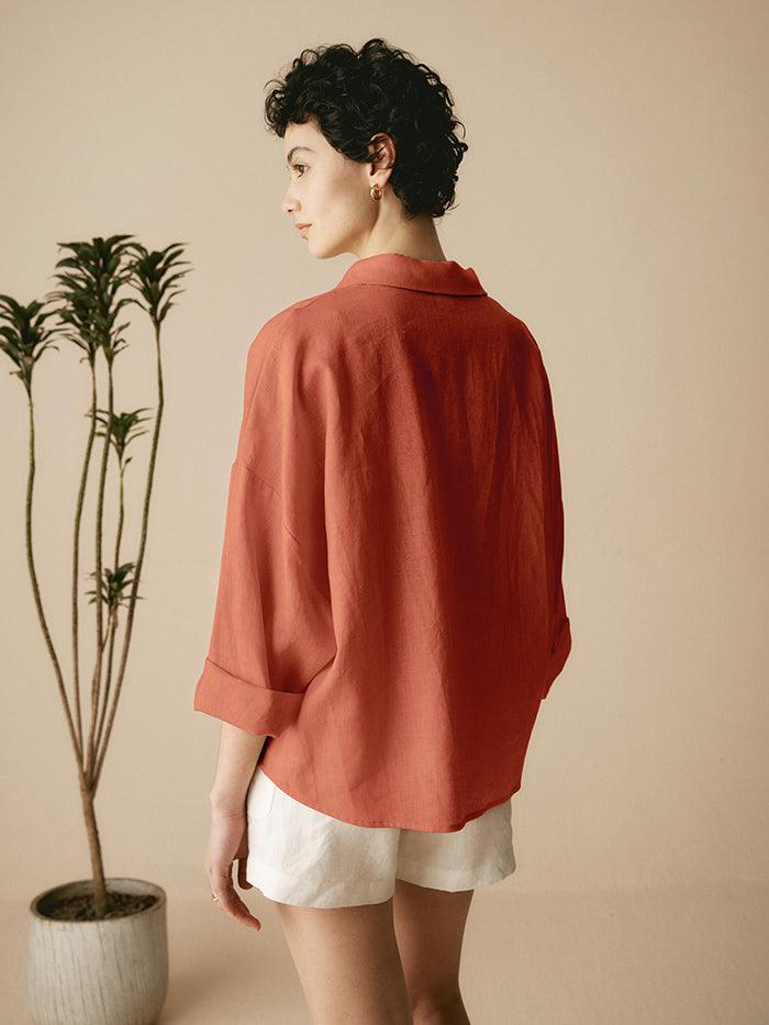 Linen Plaid Oversized Fit Pocket Shirt - TOPS-Linen Blouses