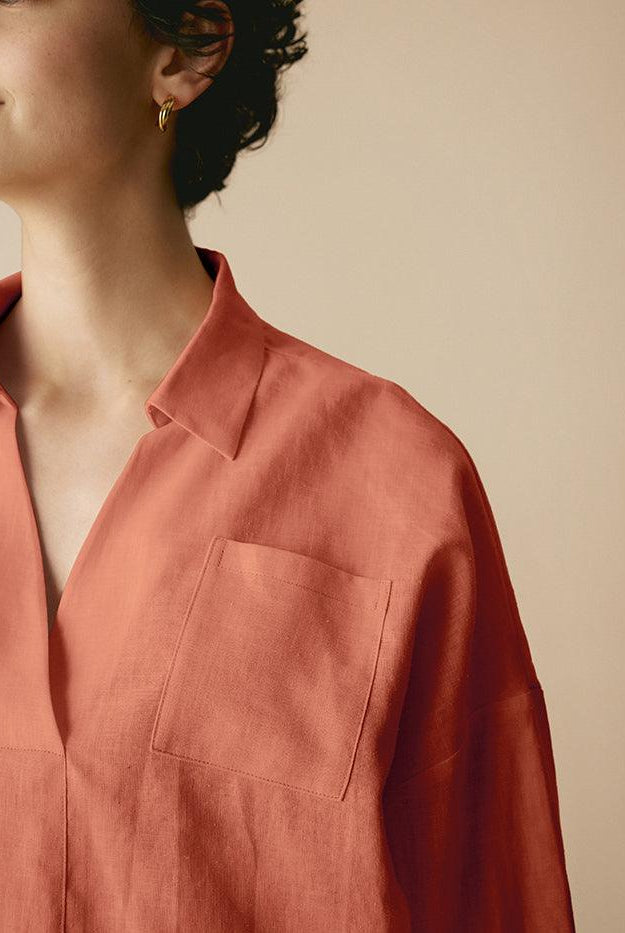 Linen Plaid Oversized Fit Pocket Shirt - TOPS-Linen Blouses