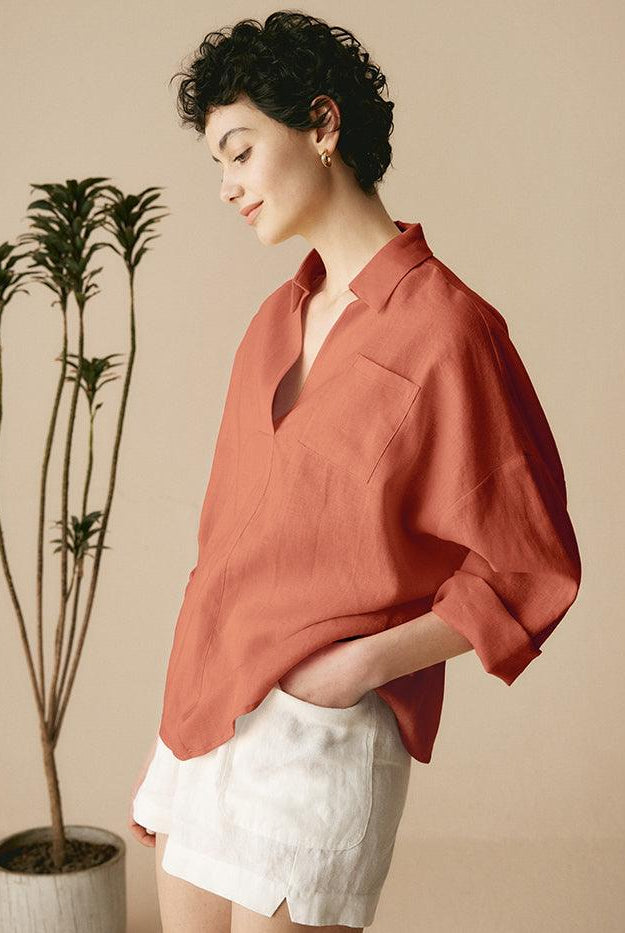 Linen Plaid Oversized Fit Pocket Shirt - TOPS-Linen Blouses