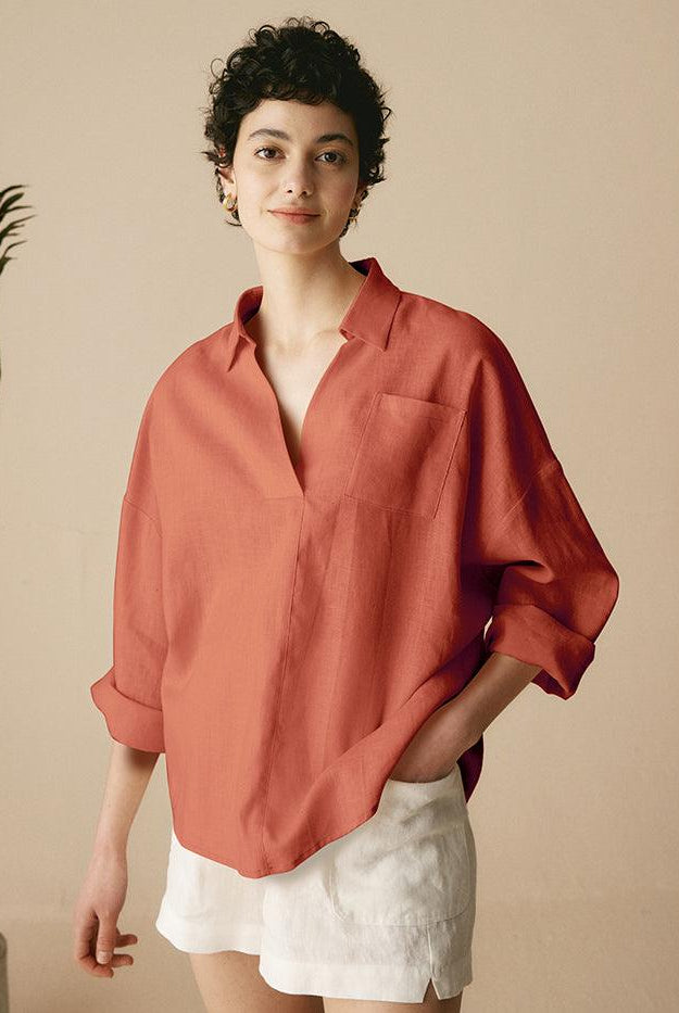 Linen Oversized Fit Pocket Shirt ELOWEN - Terracotta / XS - TOPS-Linen Blouses