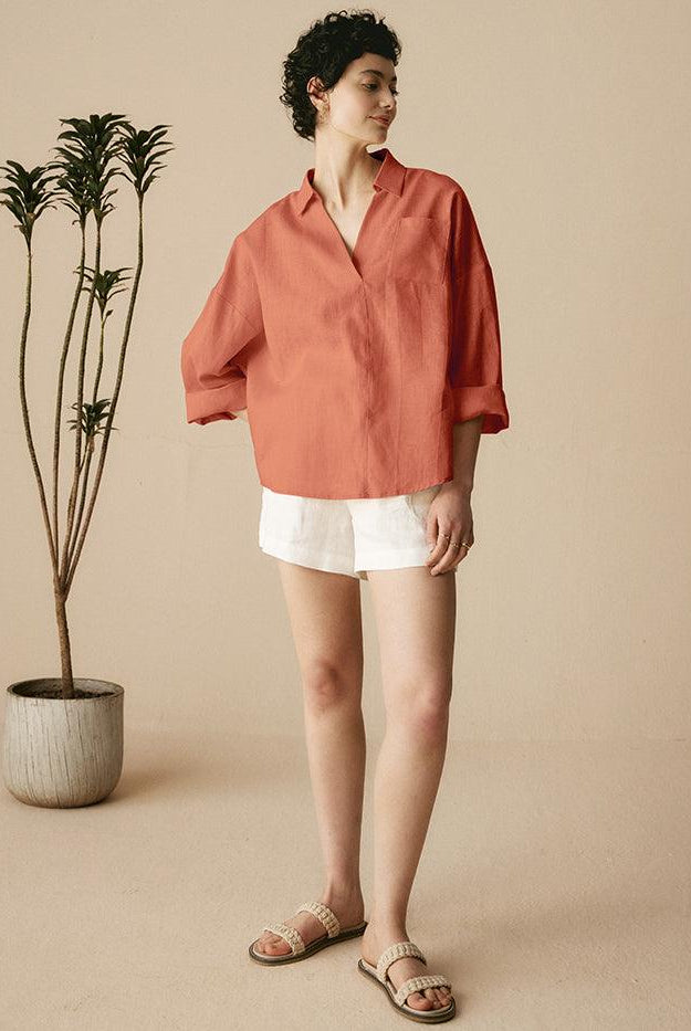Linen Oversized Fit Pocket Shirt ELOWEN - TOPS-Linen Blouses