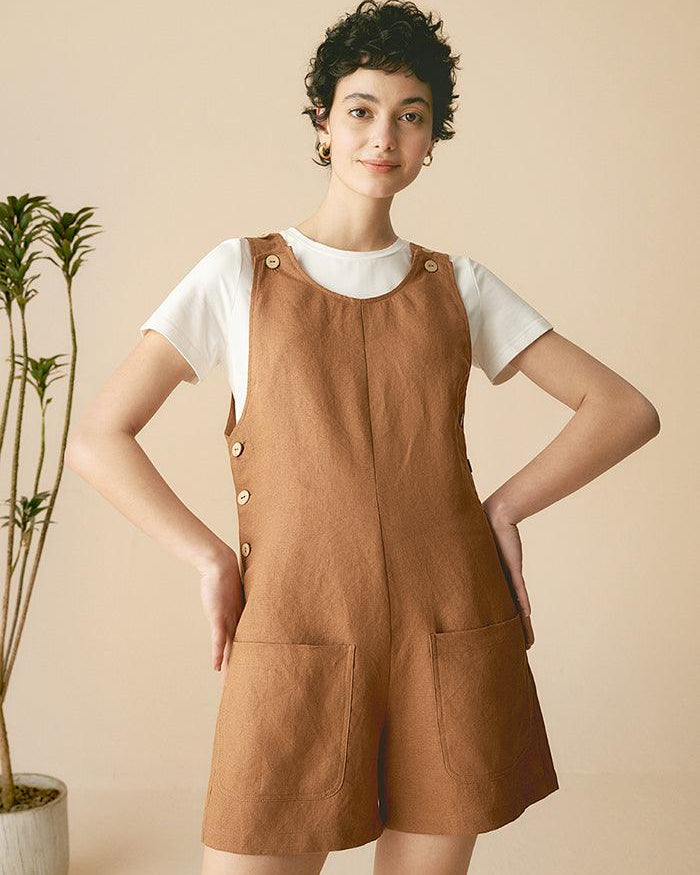 100% Linen U-Neck Short Jumpsuit - Cinnamon Brown / S - sets & jumpsuits