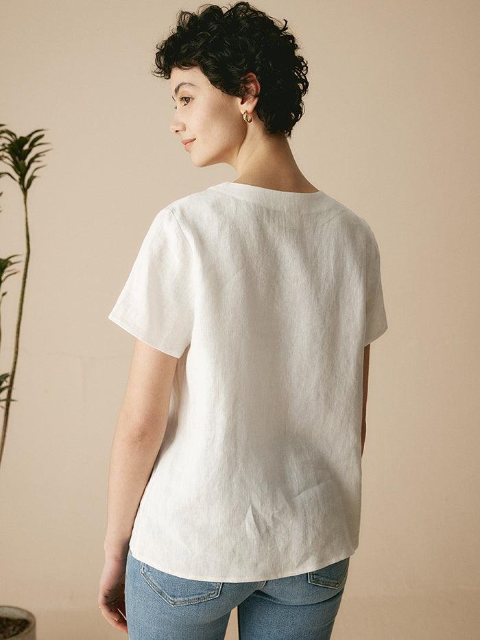 100% Linen Easy Popover V-Neck Boxy Top - TOPS-Linen Blouses