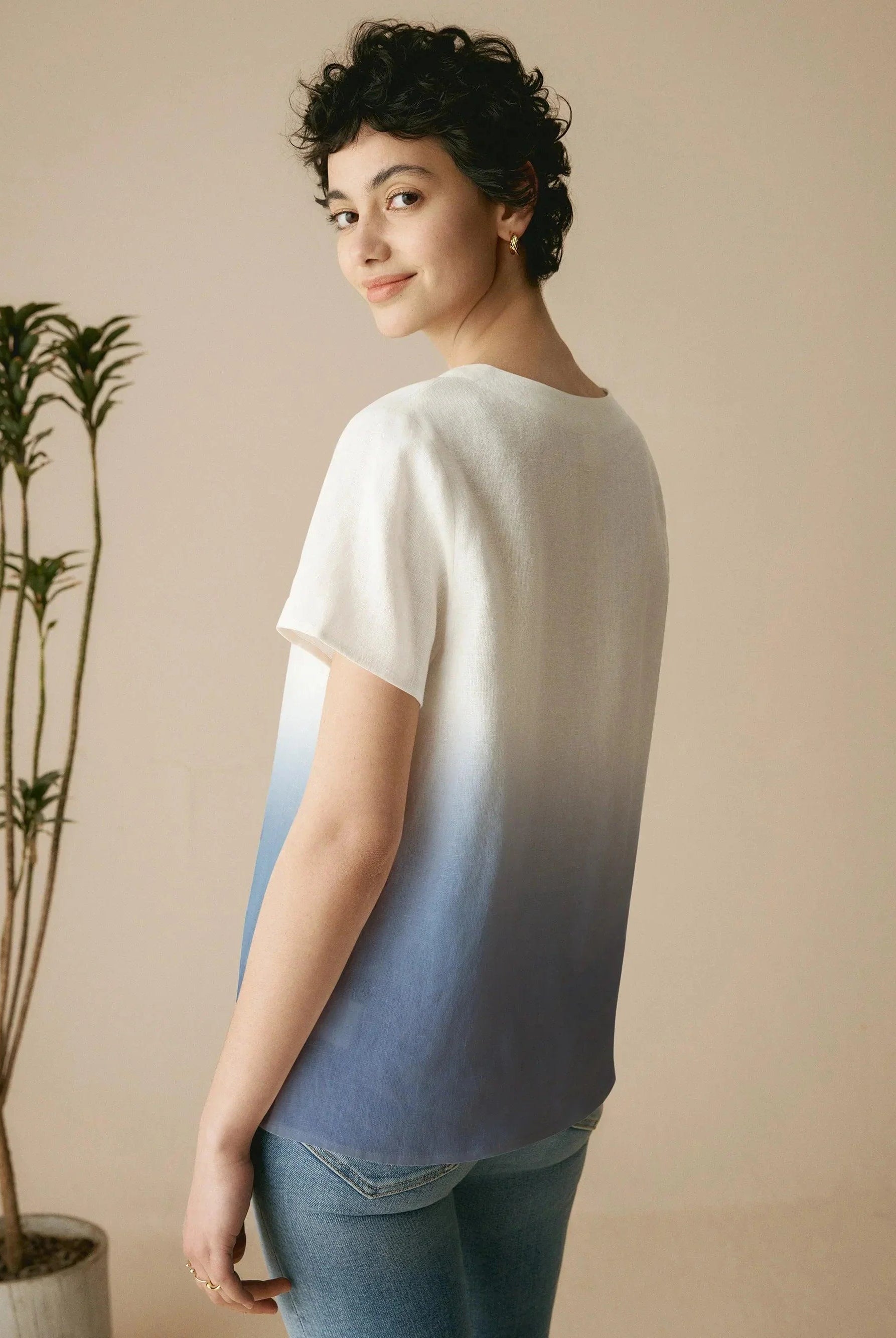 100% Linen Easy Popover V-Neck Boxy Top - TOPS-Linen Blouses