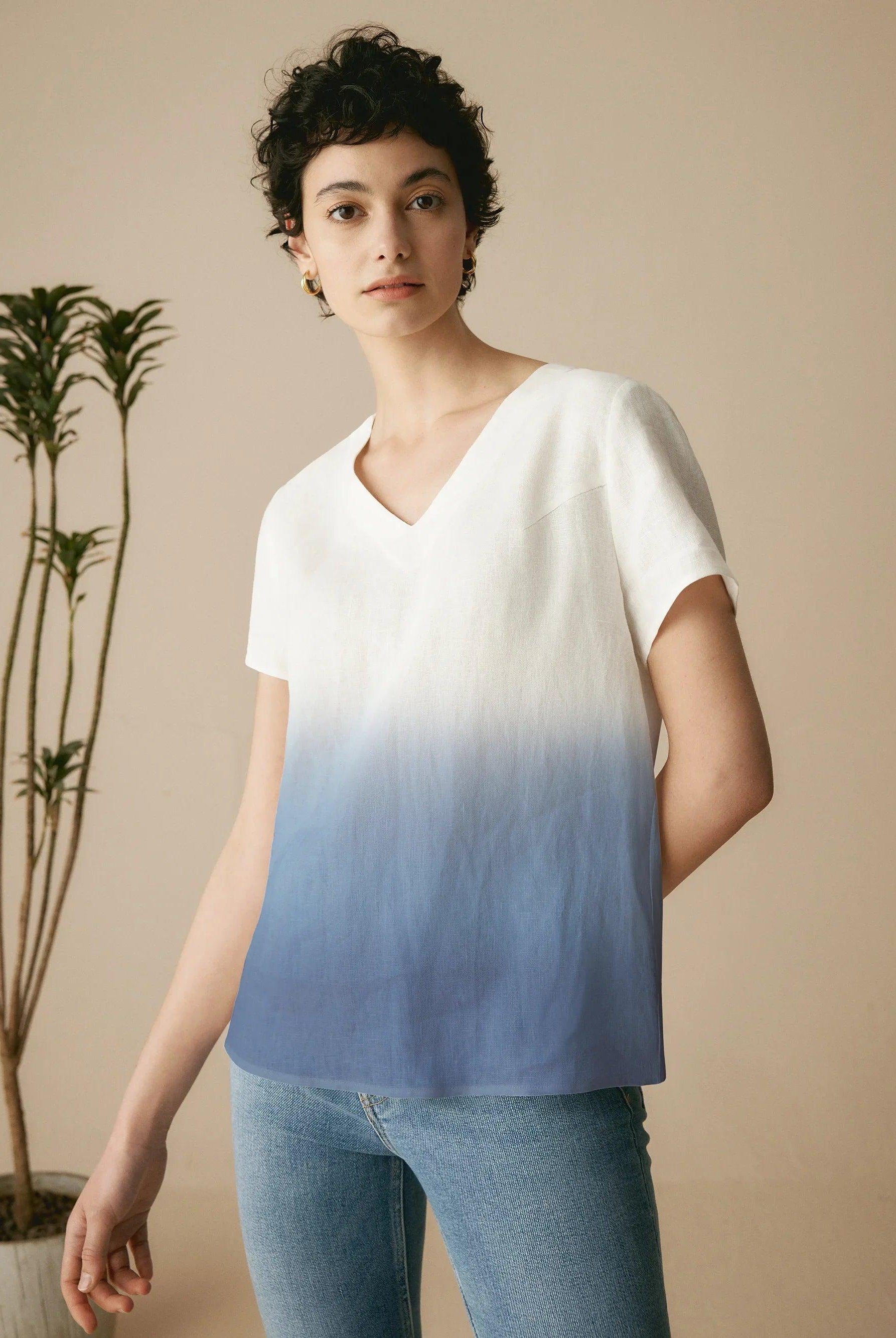 100% Linen Easy Popover V-Neck Boxy Top - Midnight Blue / S - TOPS-Linen Blouses