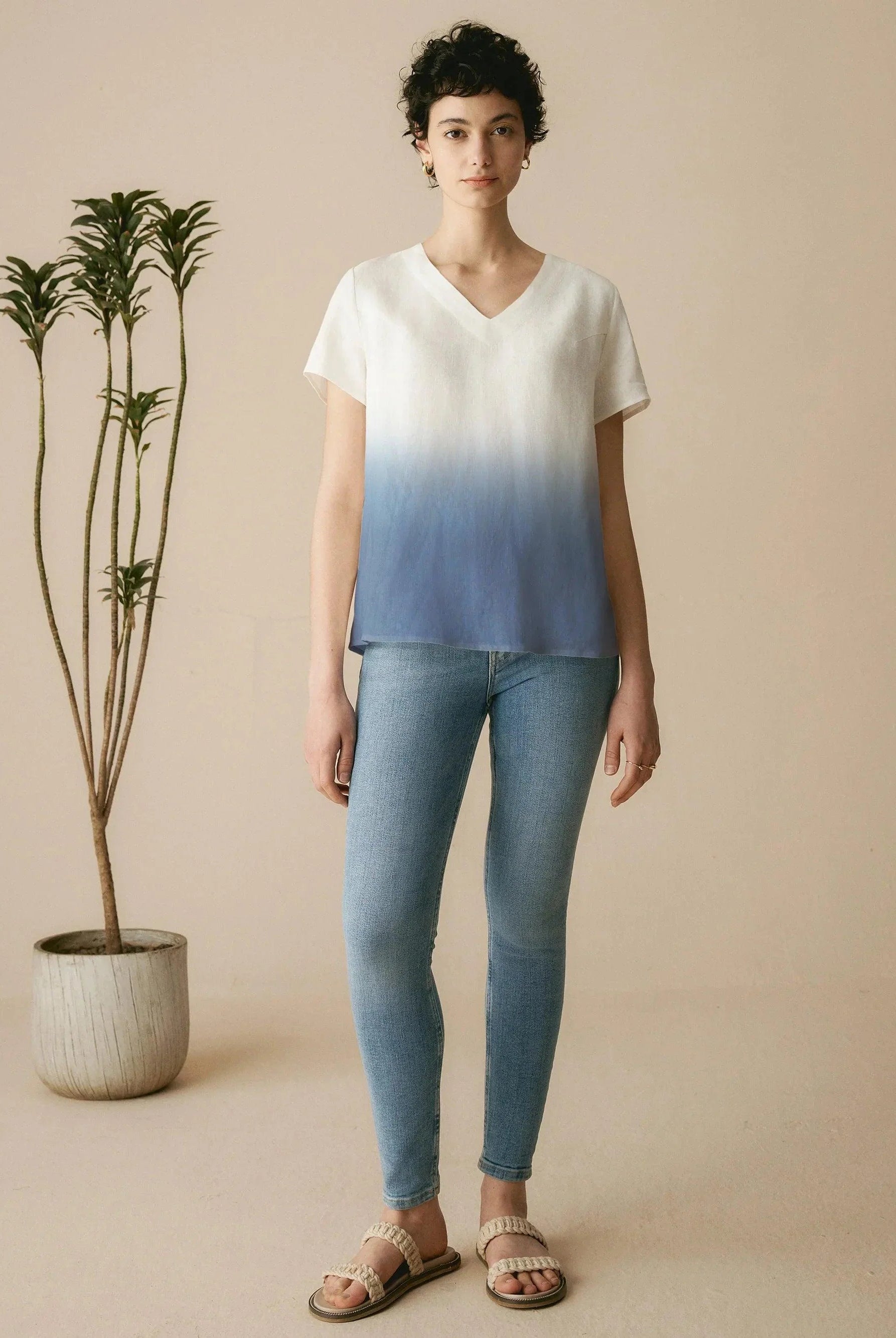 100% Linen Easy Popover V-Neck Boxy Top - TOPS-Linen Blouses