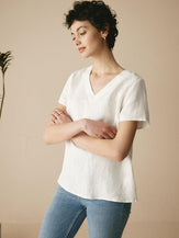 100% Linen Easy Popover V-Neck Boxy Top - TOPS-Linen Blouses