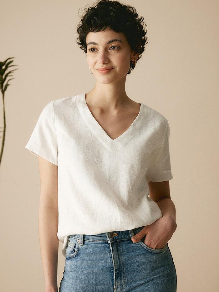 100% Linen Easy Popover V-Neck Boxy Top - TOPS-Linen Blouses