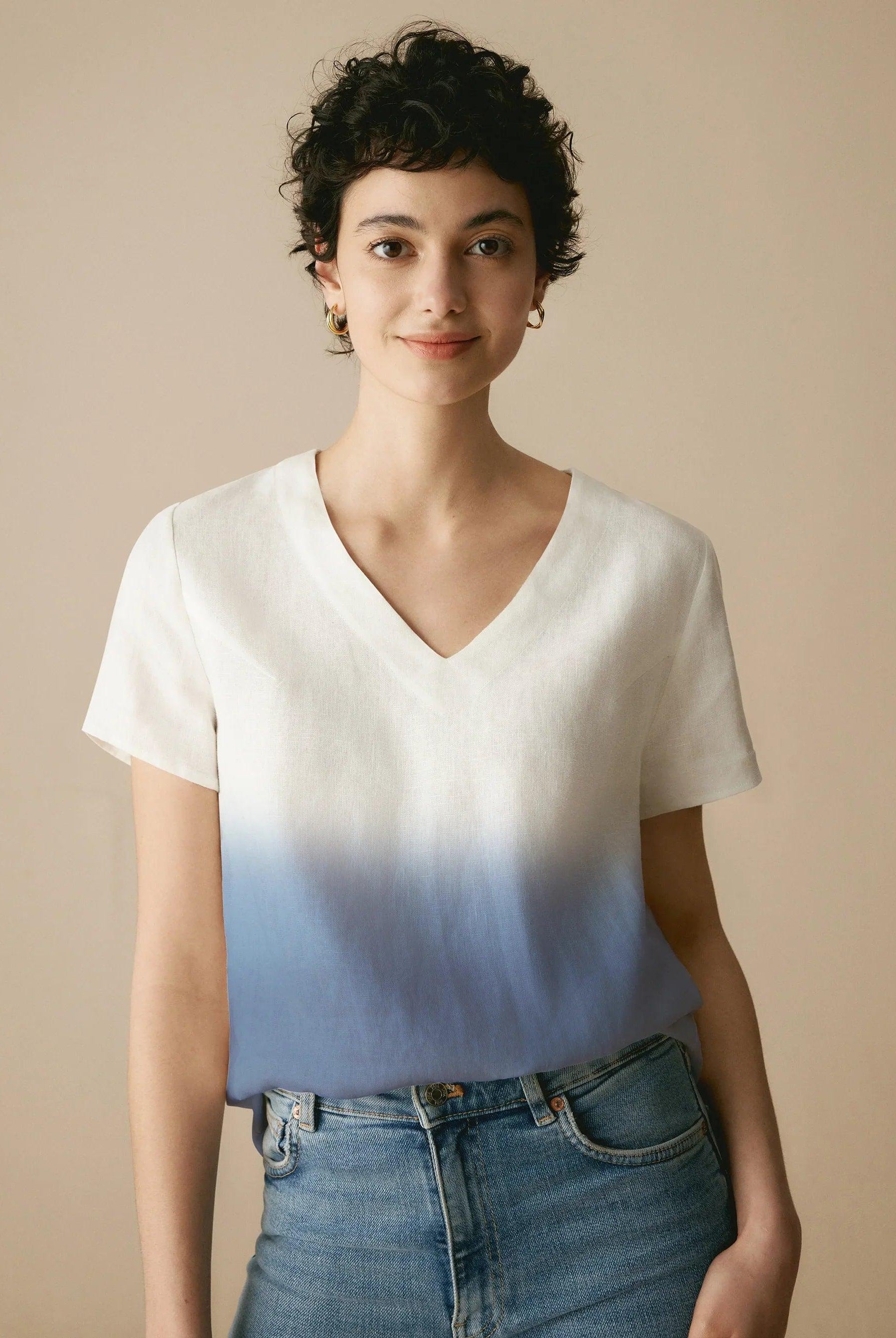 100% Linen Easy Popover V-Neck Boxy Top - TOPS-Linen Blouses