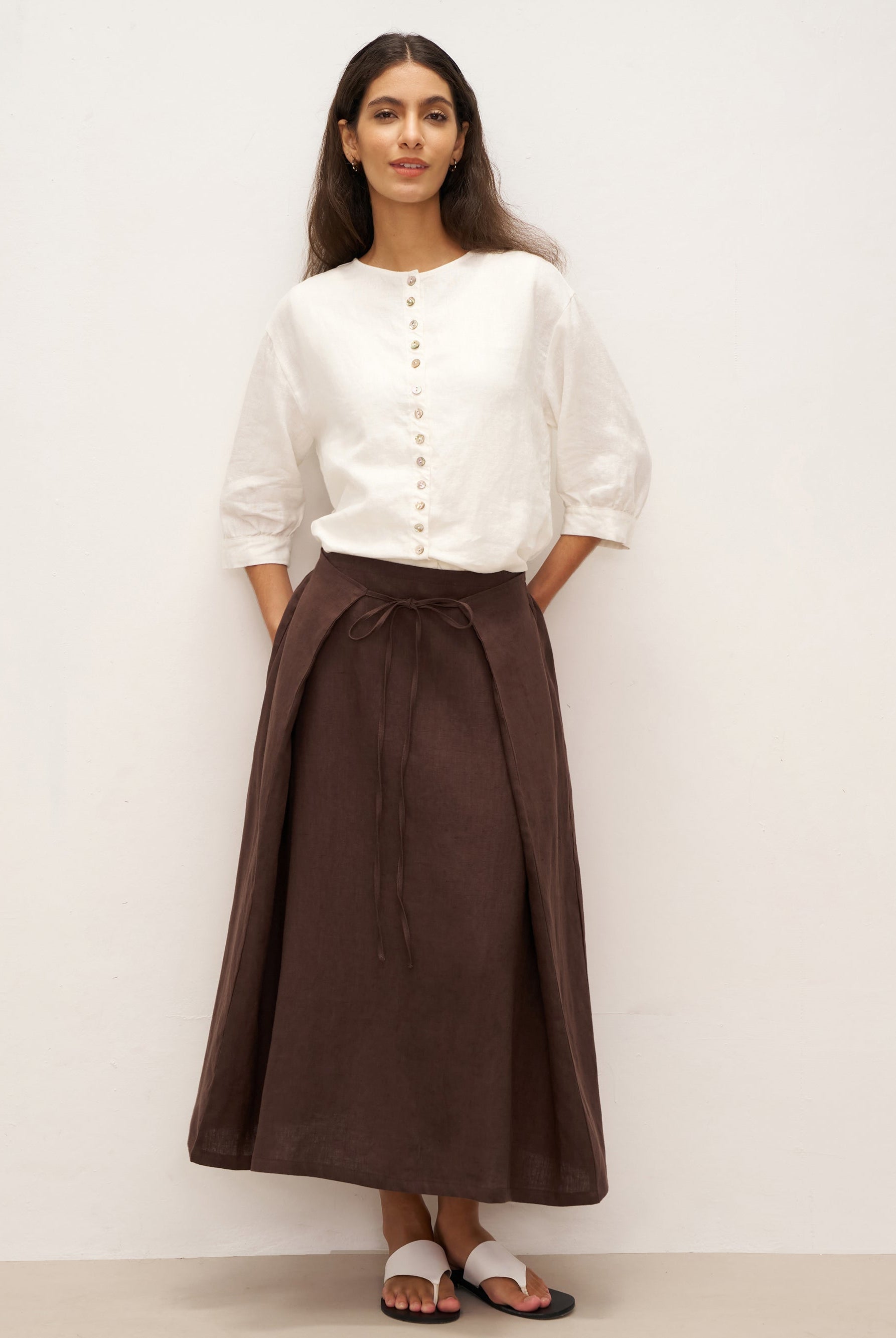 100% Linen Tie-Waist Wrapped A-Line Skirt EMILIE—Two-Way Wear - BOTTOMS-Linen Skirts