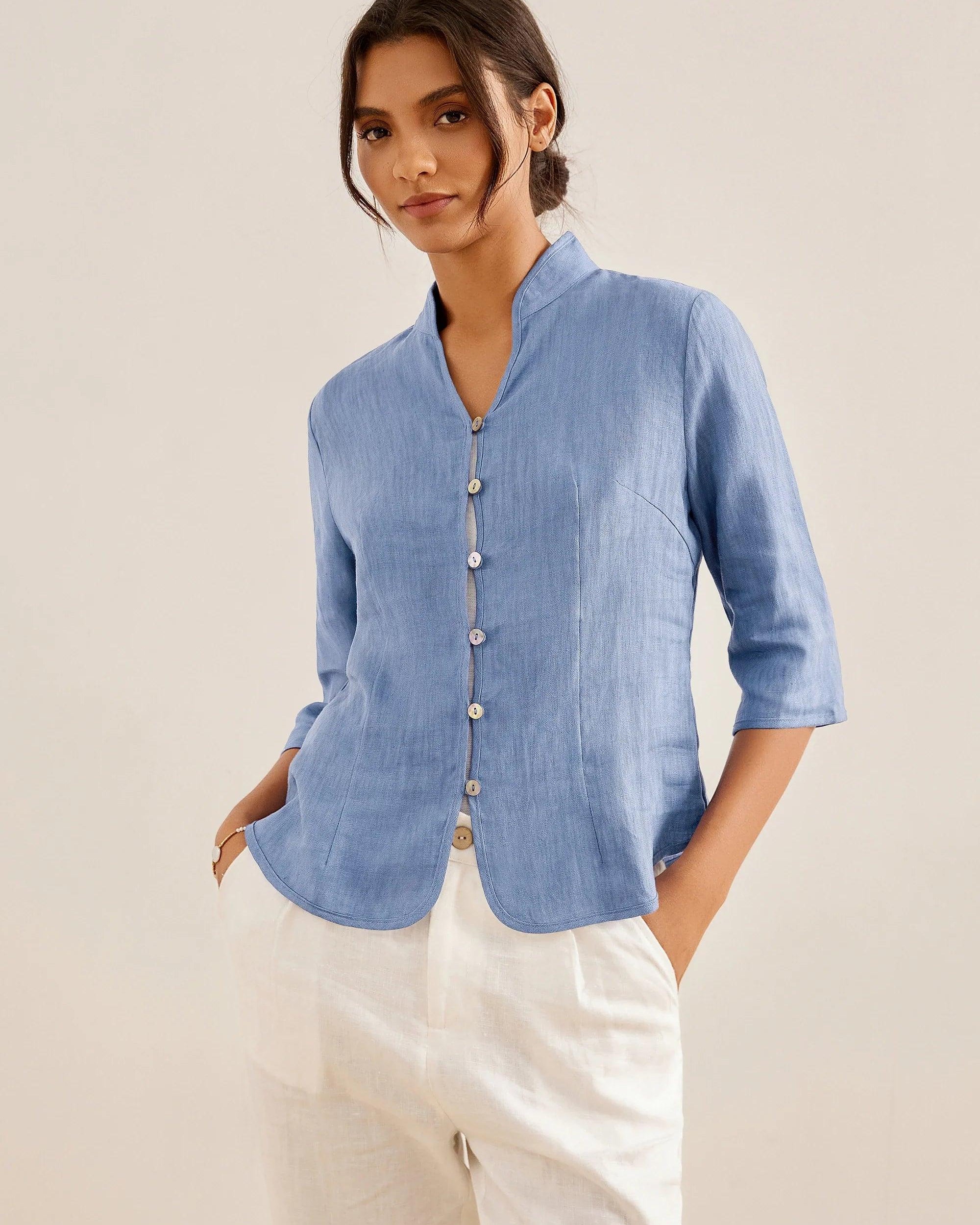 100% Linen Hand Button Fitted Jacket AMELIA - Powder Blue / S - TOPS-Linen Jackets