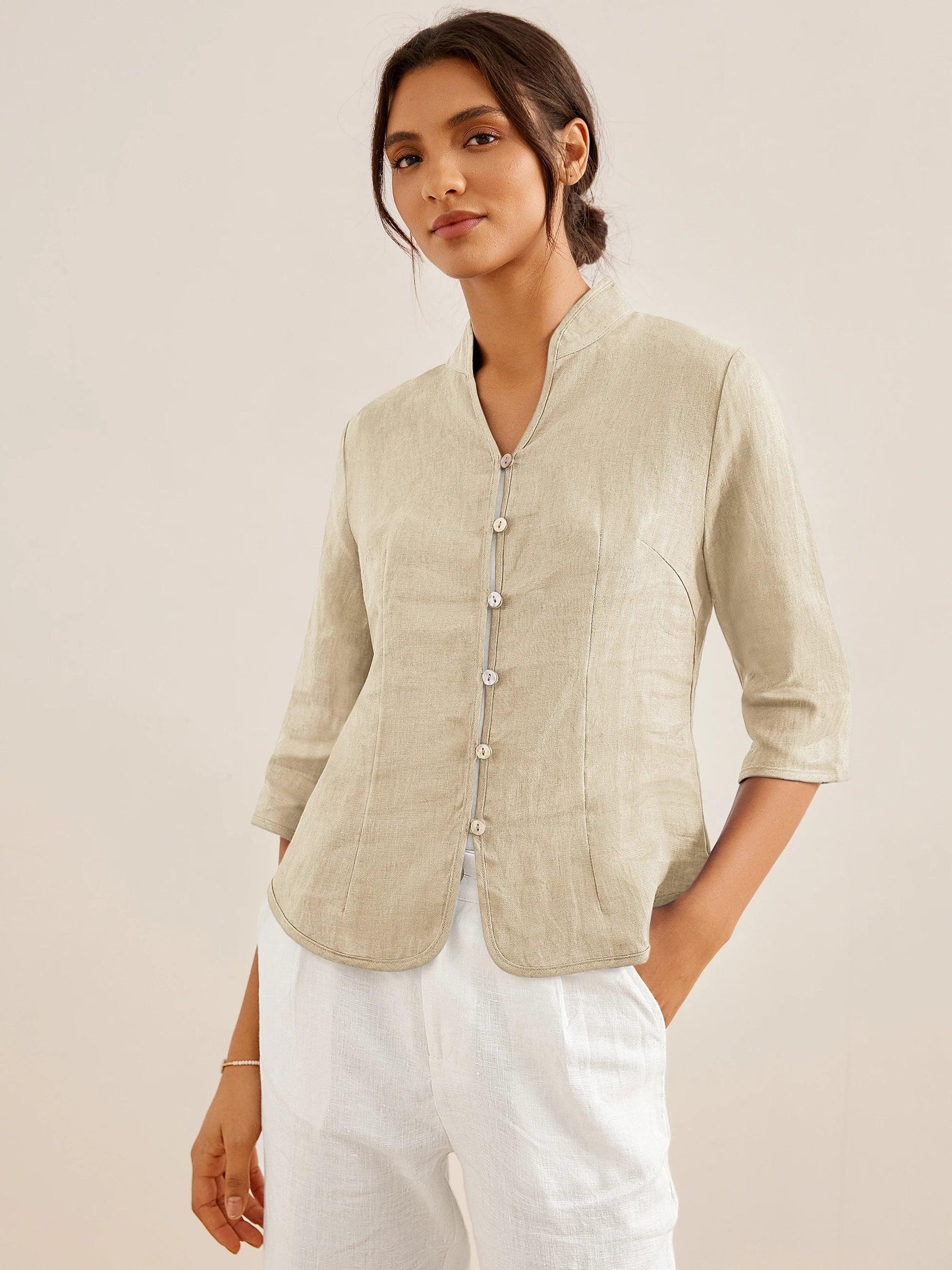 100% Linen Stand-Collar Half-Sleeve Fitted Jacket AMELIA - TOPS-Linen Jackets