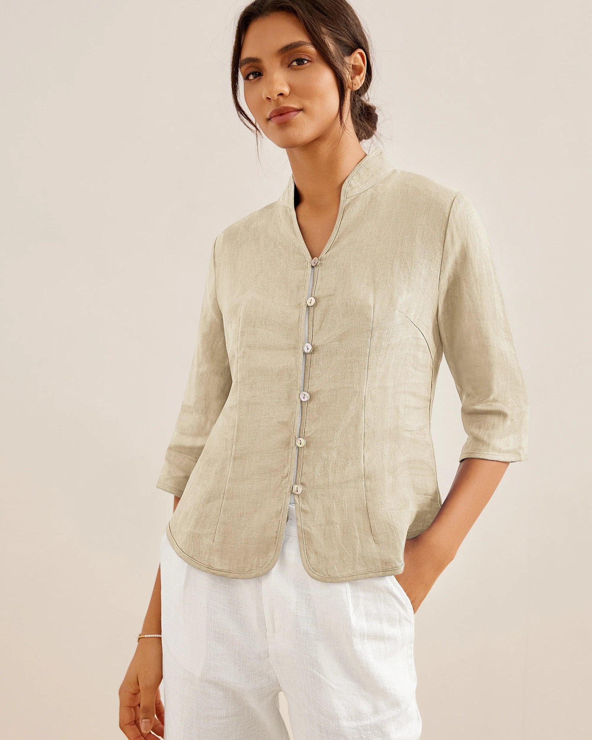 100% Linen Hand Button Fitted Jacket AMELIA - TOPS-Linen Jackets