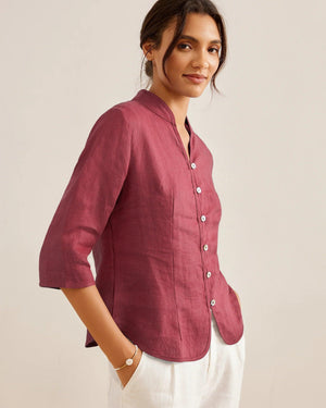 100% Linen Hand Button Fitted Jacket AMELIA - Ancora Red / S - TOPS-Linen Jackets