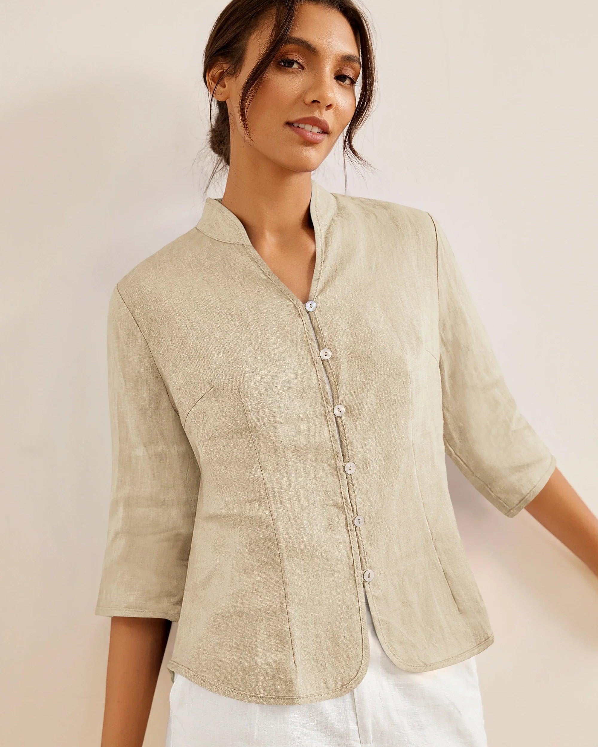 100% Linen Hand Button Fitted Jacket AMELIA - Khaki / S - TOPS-Linen Jackets