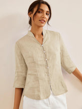 100% Linen Stand-Collar Half-Sleeve Fitted Jacket AMELIA - Khaki / S - TOPS-Linen Jackets