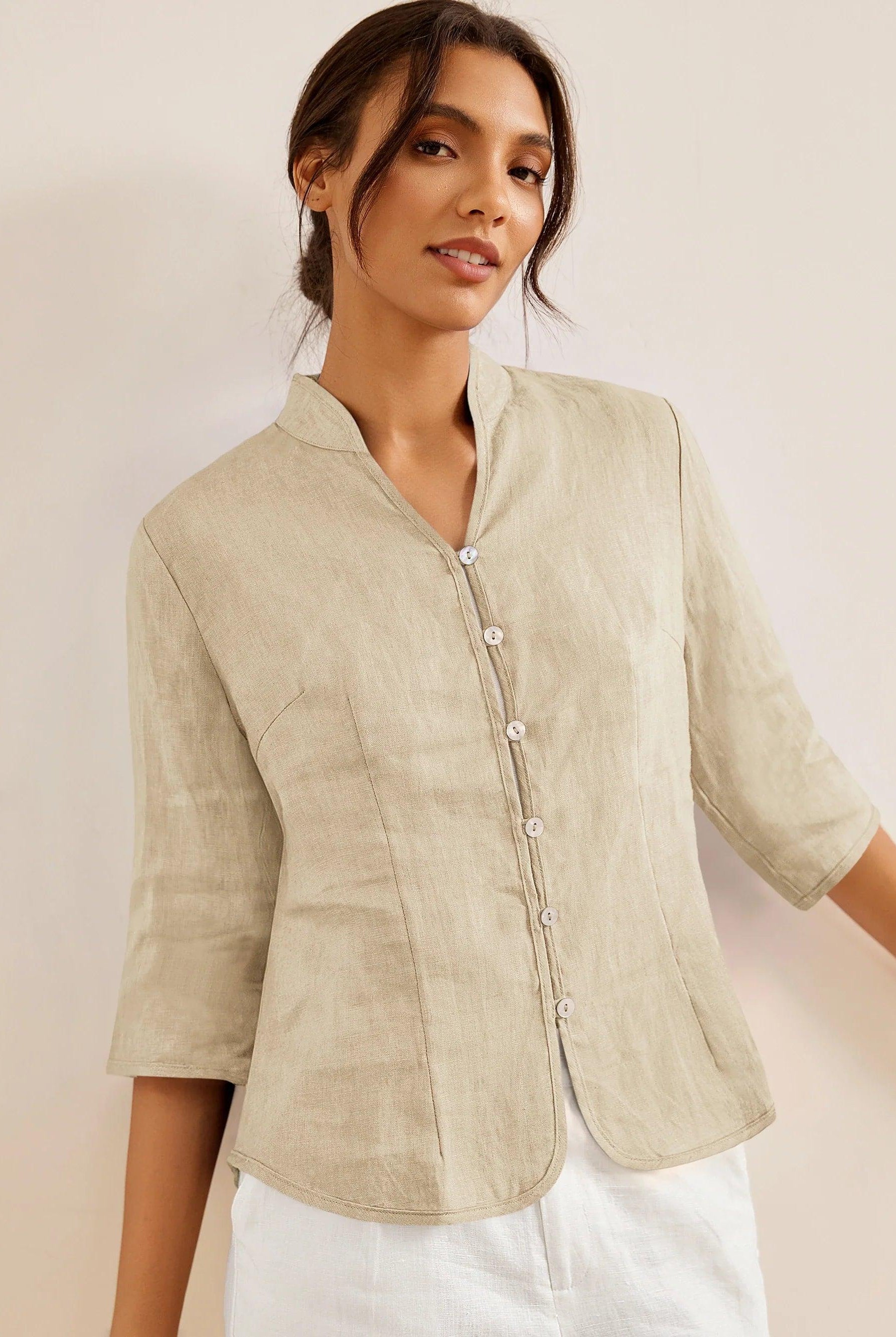 100% Linen Hand Button Fitted Jacket AMELIA - Khaki / S - TOPS-Linen Jackets