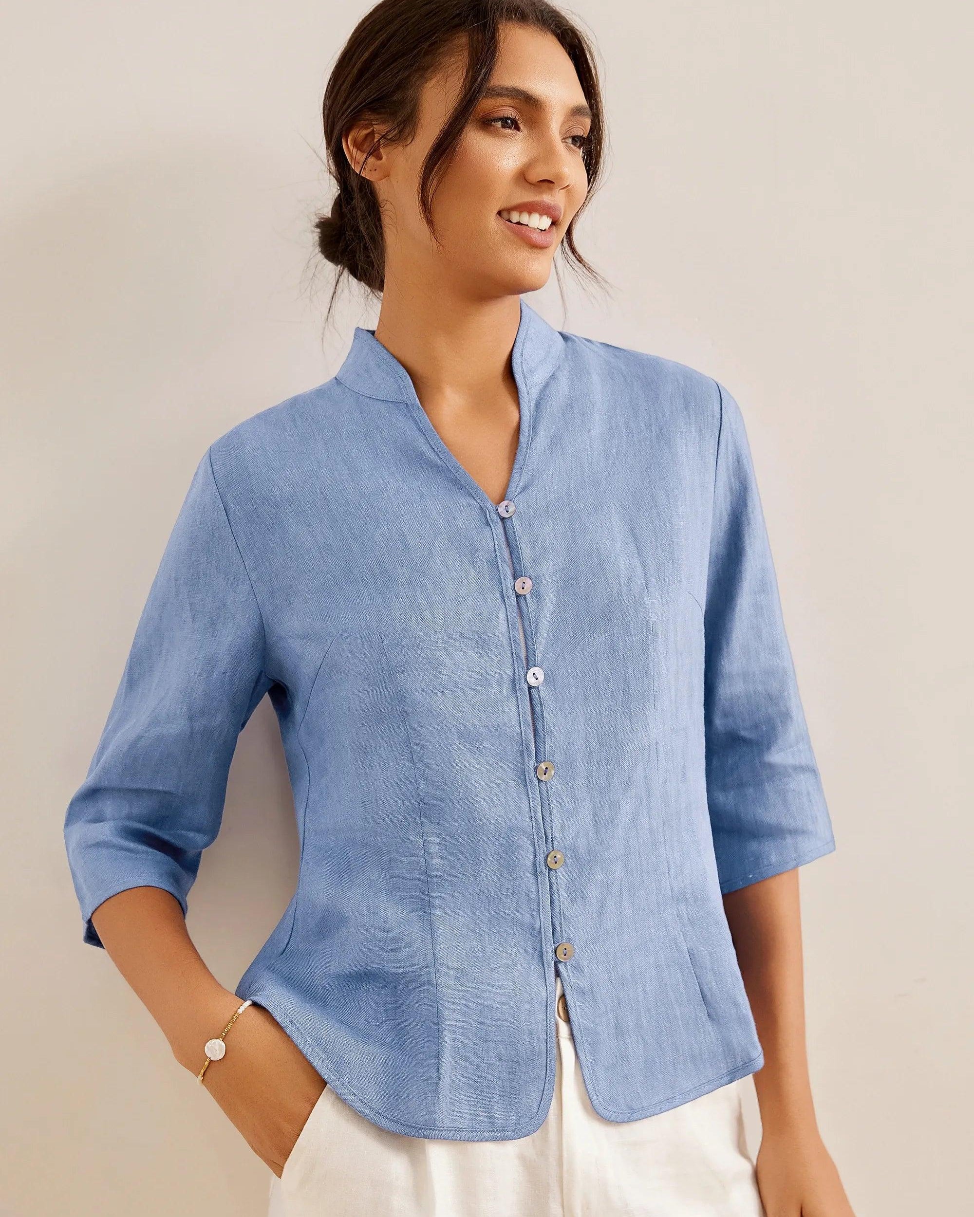 100% Linen Hand Button Fitted Jacket AMELIA - TOPS-Linen Jackets