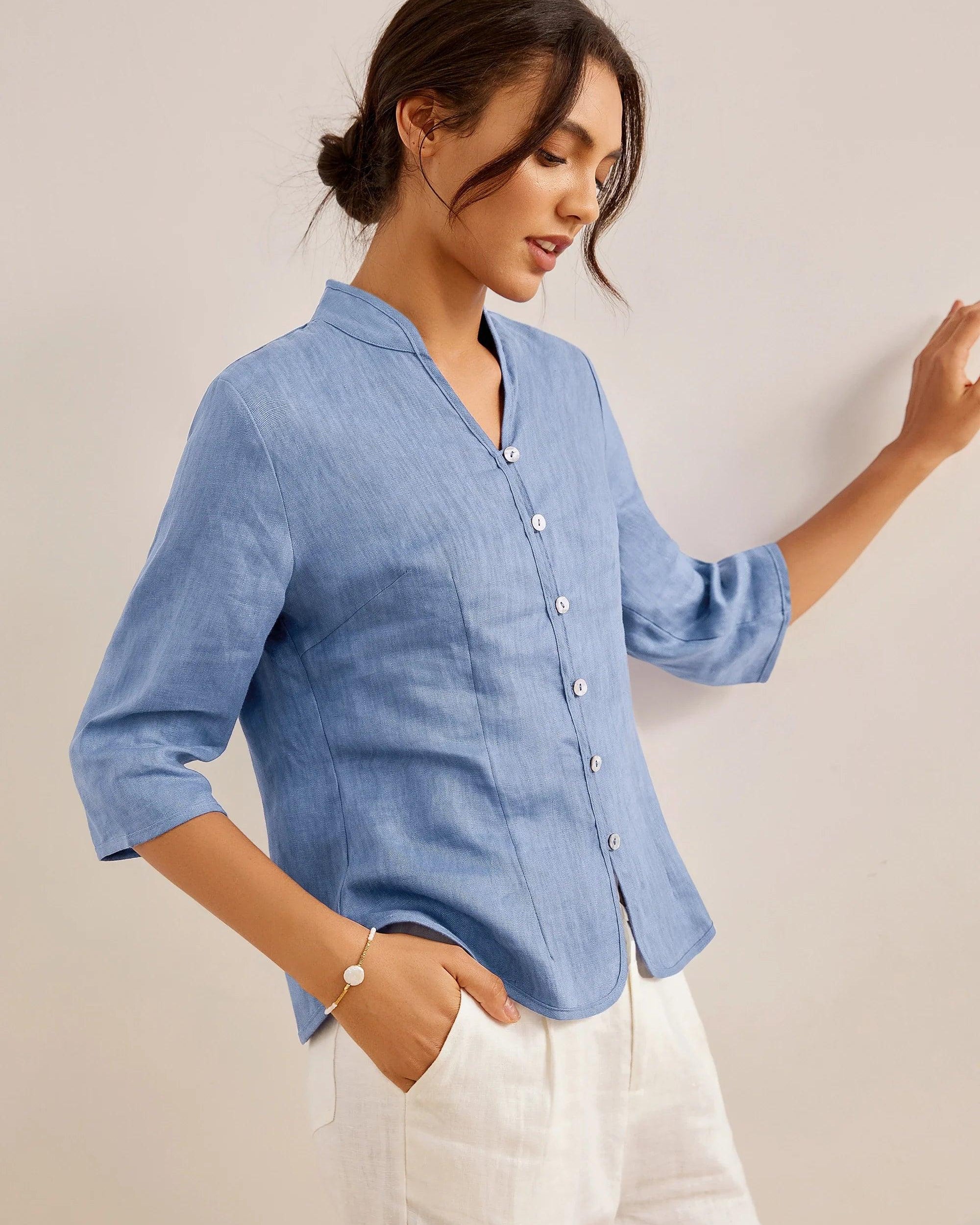 100% Linen Hand Button Fitted Jacket AMELIA - TOPS-Linen Jackets