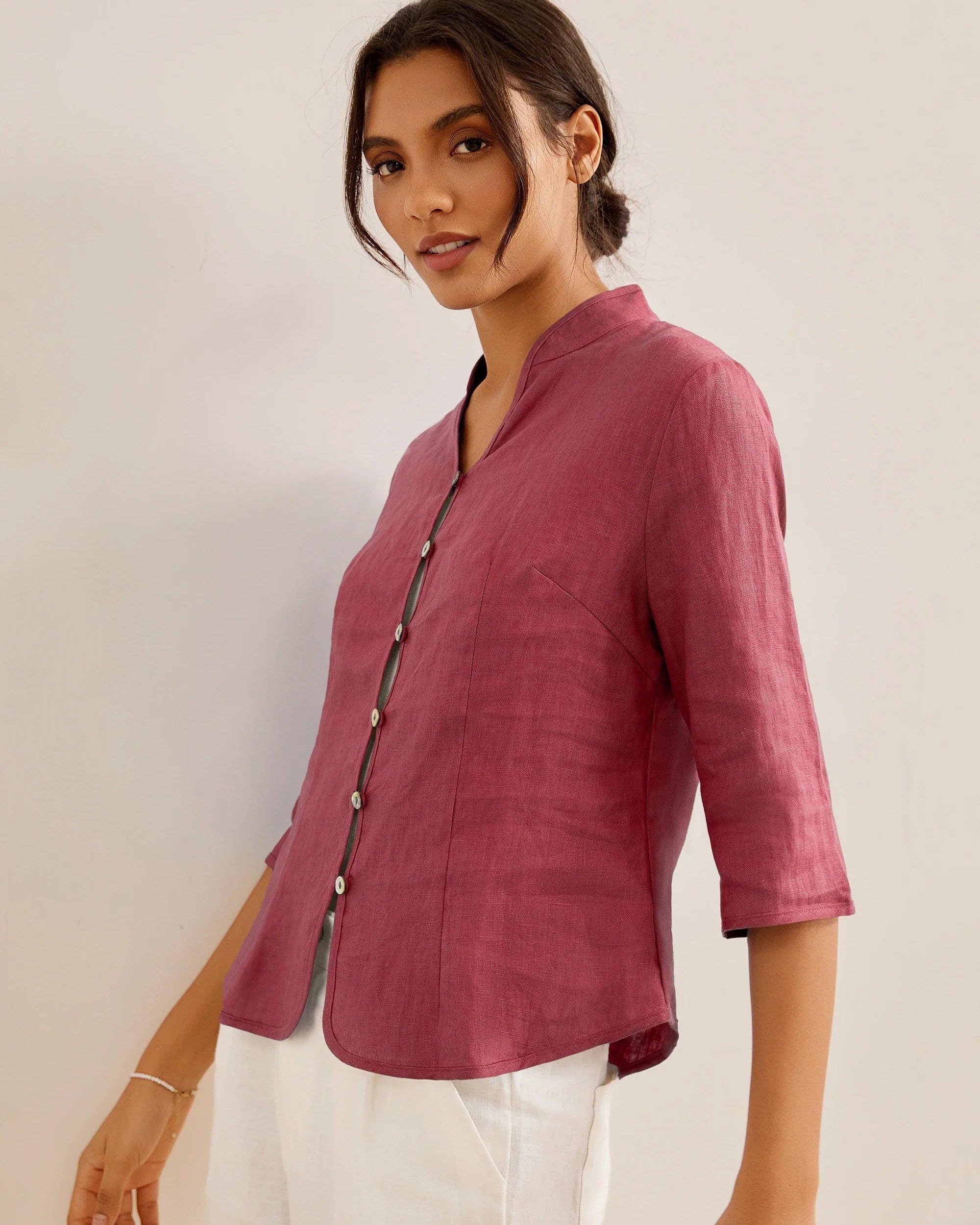 100% Linen Hand Button Fitted Jacket AMELIA - TOPS-Linen Jackets
