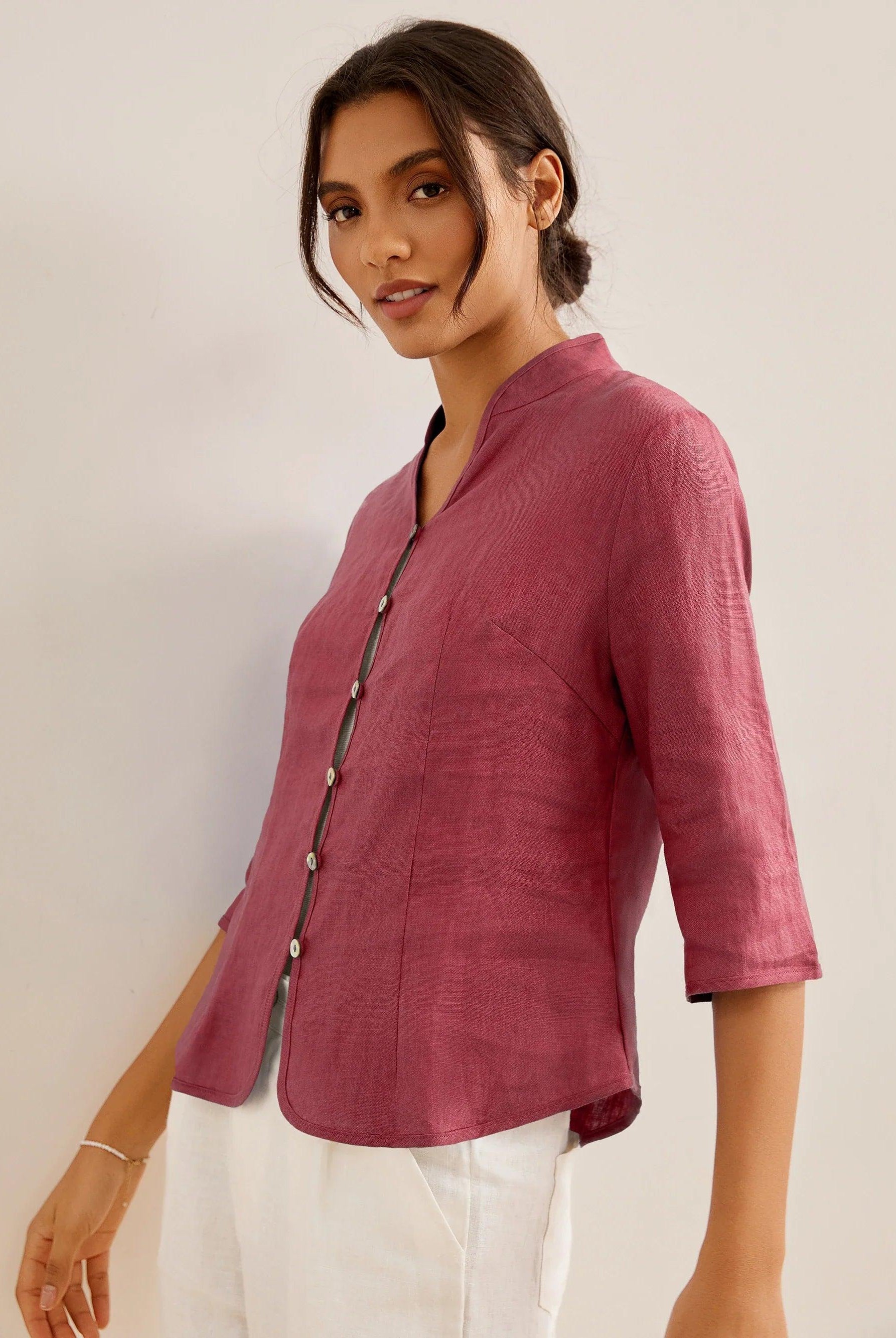 100% Linen Hand Button Fitted Jacket AMELIA - TOPS-Linen Jackets
