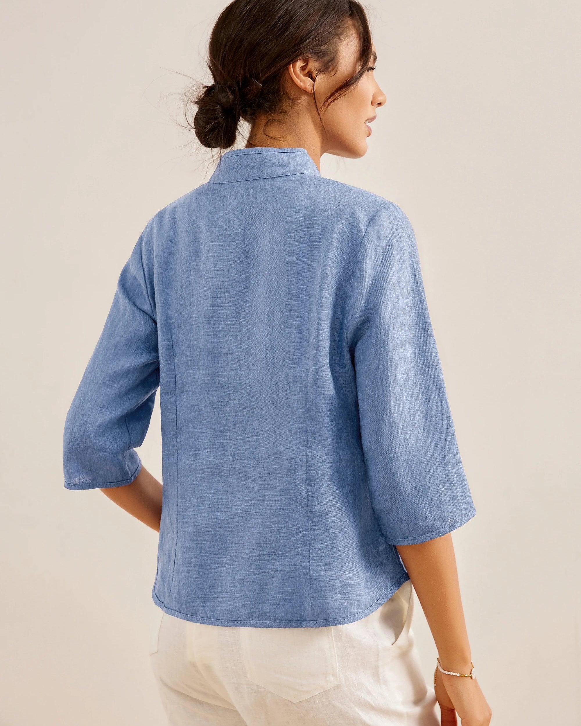 100% Linen Hand Button Fitted Jacket AMELIA - TOPS-Linen Jackets