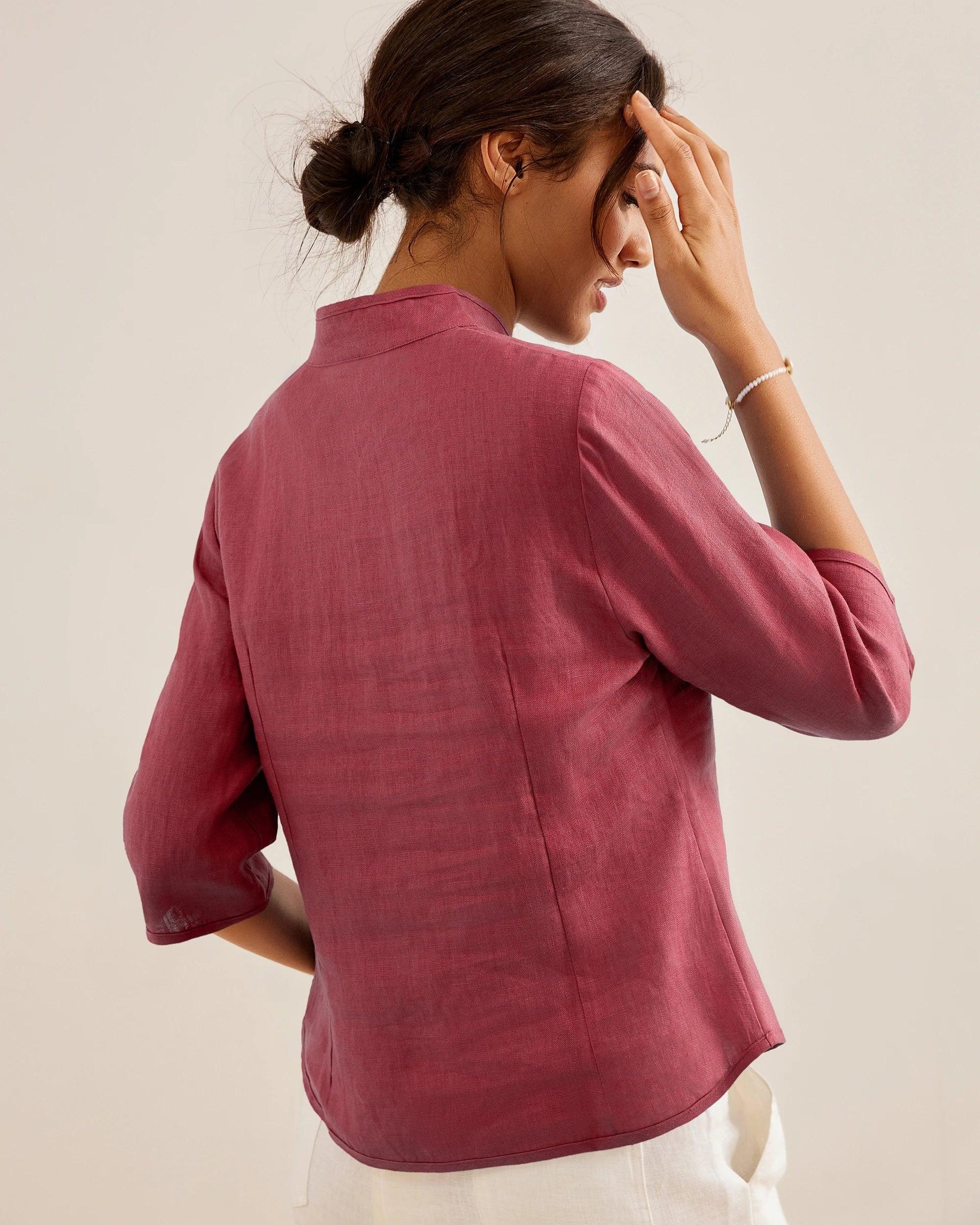 100% Linen Hand Button Fitted Jacket AMELIA - TOPS-Linen Jackets