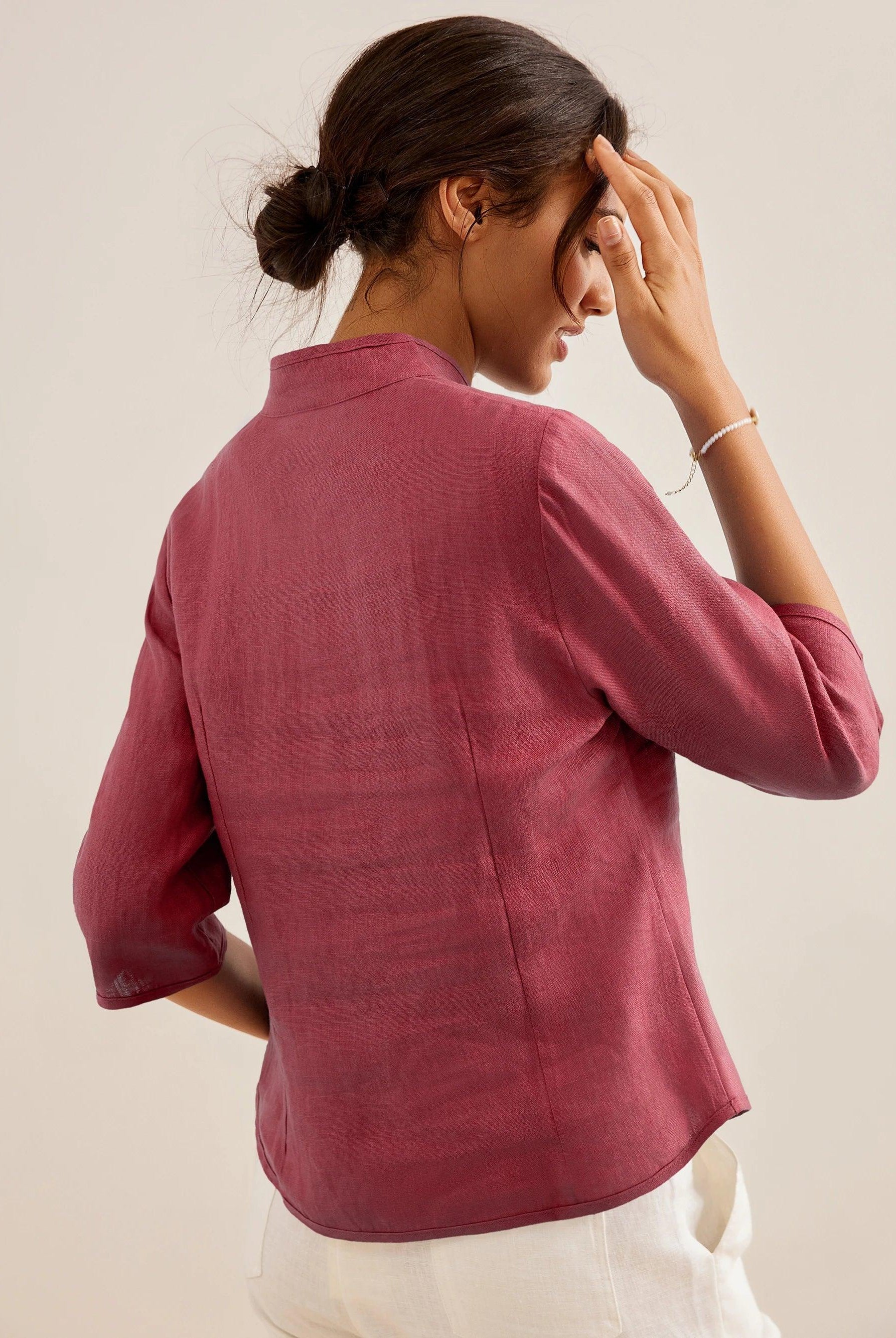 100% Linen Hand Button Fitted Jacket AMELIA - TOPS-Linen Jackets