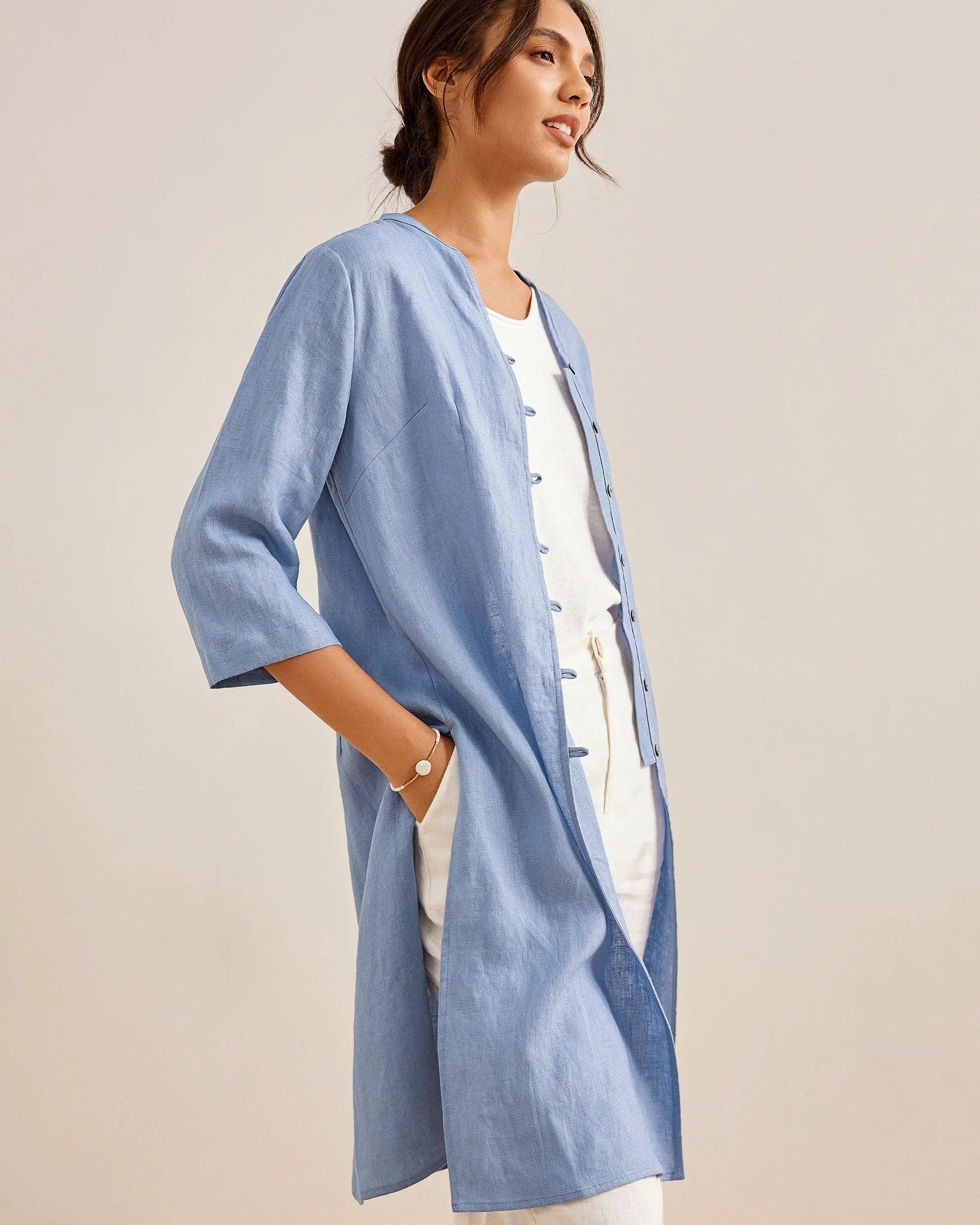 100% Linen Hand Button Long Top DILLON - TOPS-Linen Down Shirts