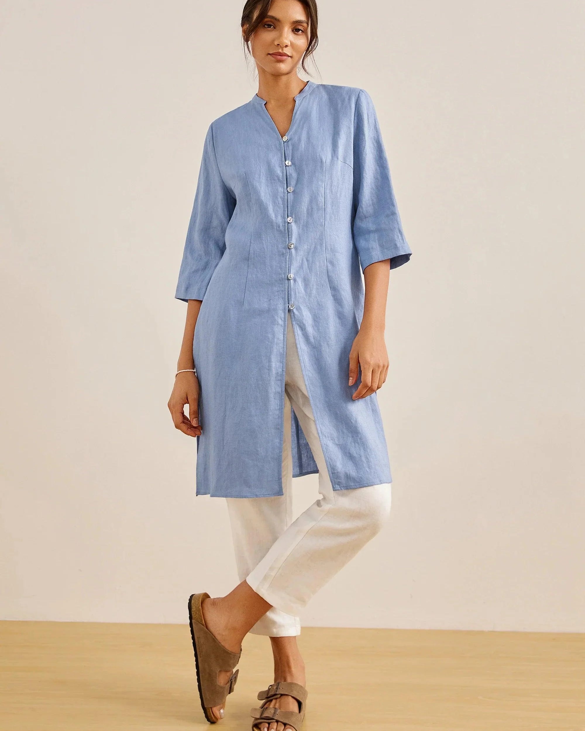 100% Linen Hand Button Long Top DILLON - TOPS-Linen Down Shirts