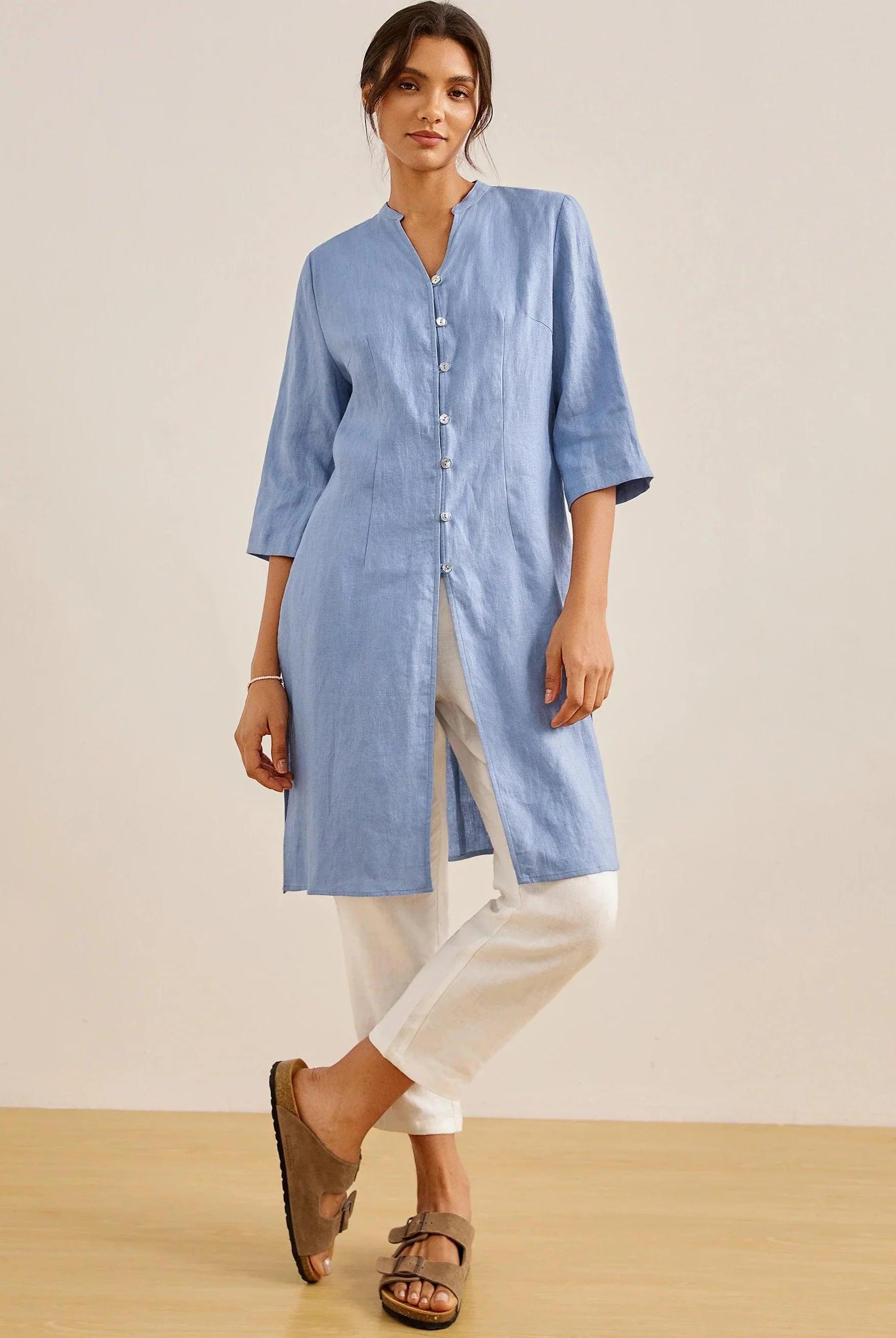 100% Linen Hand Button Long Top DILLON - TOPS-Linen Down Shirts