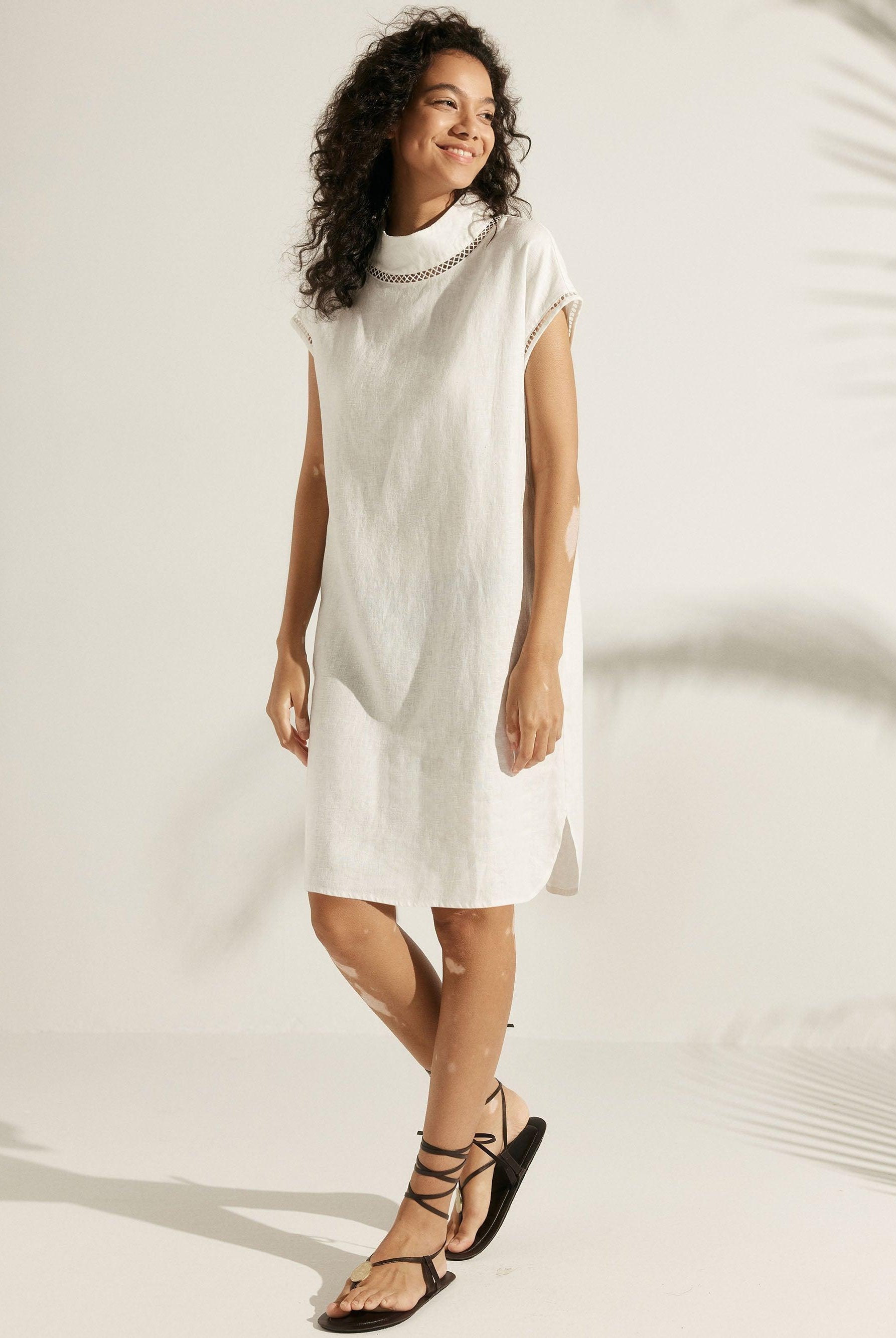 100% Linen Cutout Turtleneck Minidress - DRESSES-Linen Midi