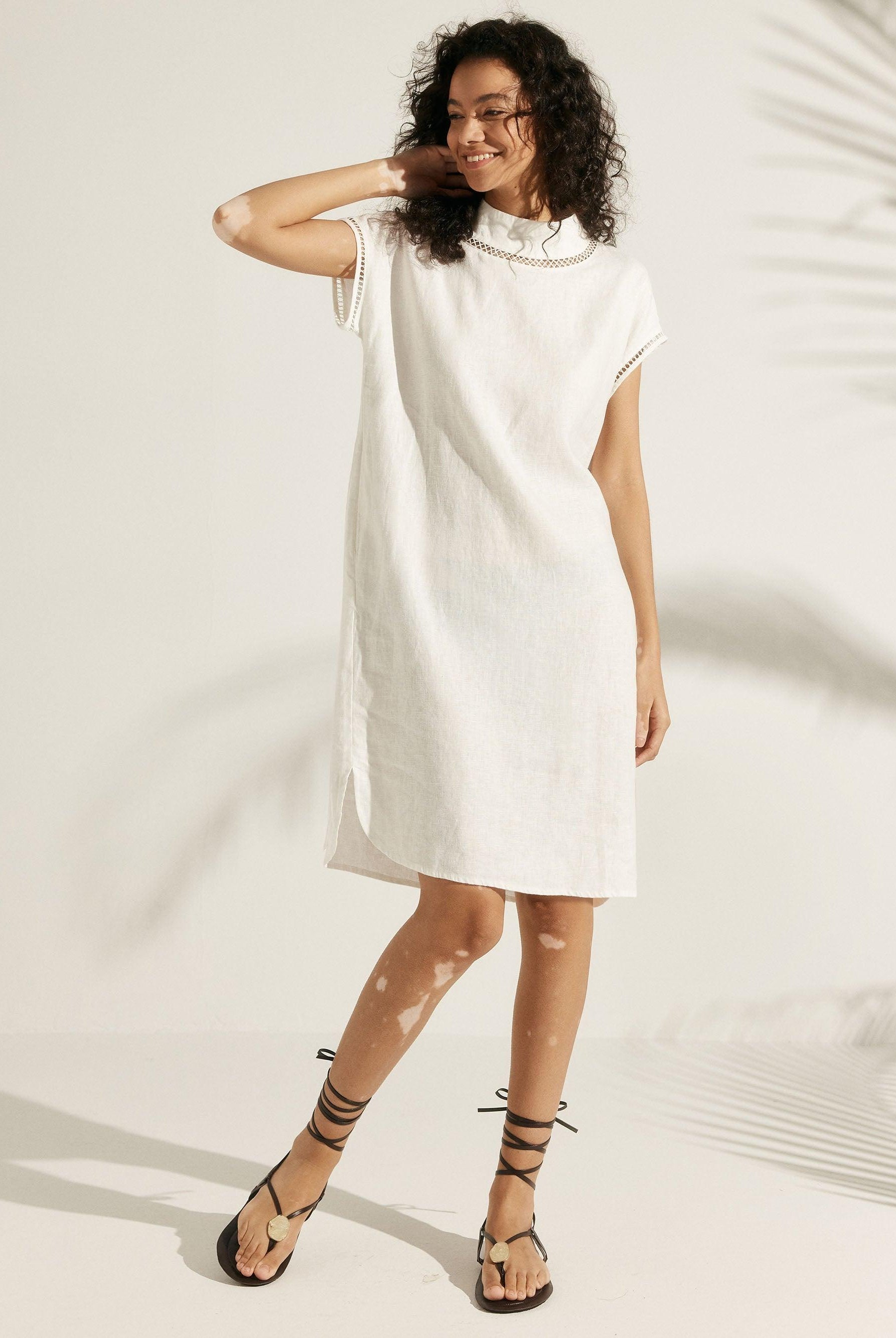 100% Linen Cutout Turtleneck Minidress - DRESSES-Linen Midi