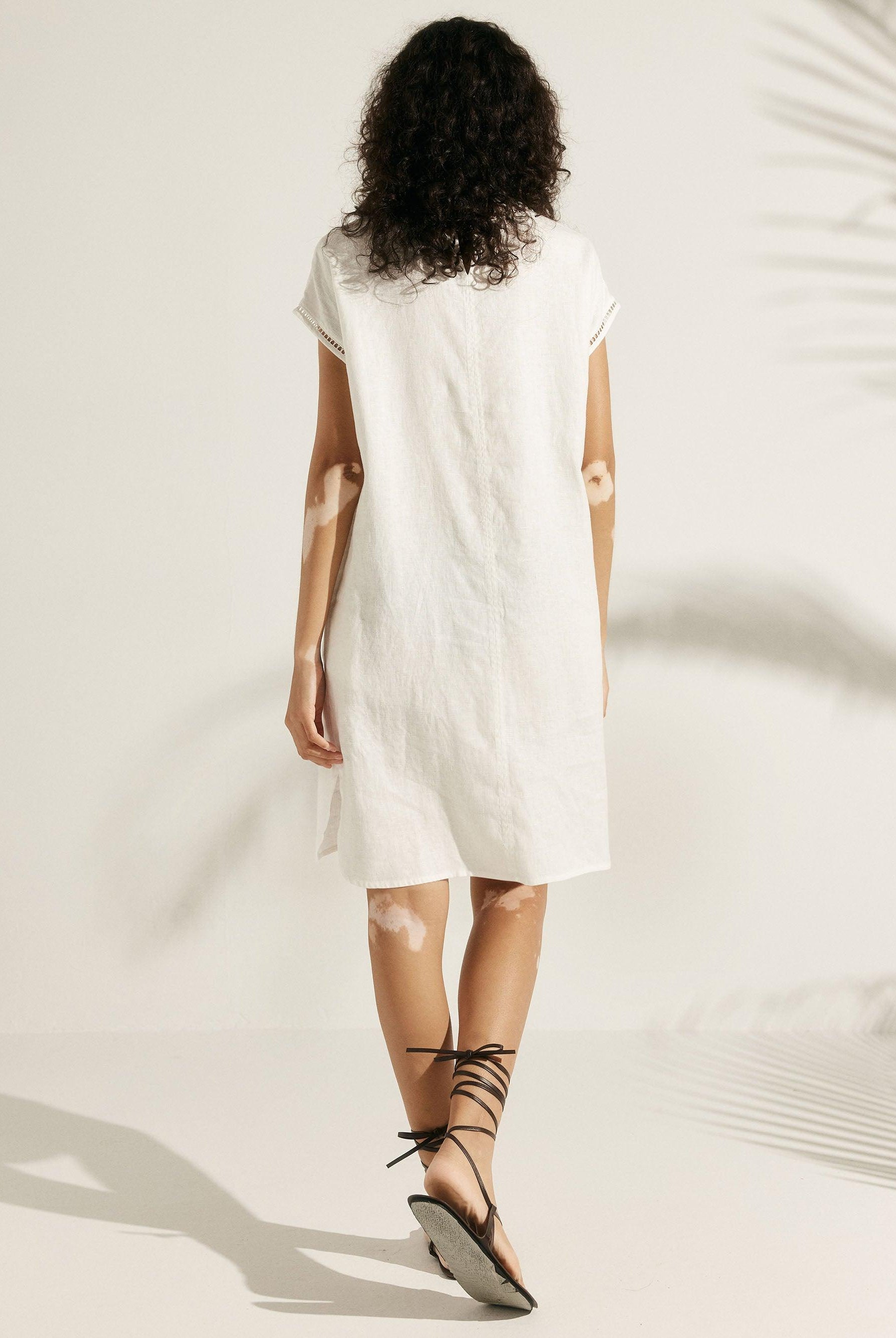 100% Linen Cutout Turtleneck Minidress - DRESSES-Linen Midi