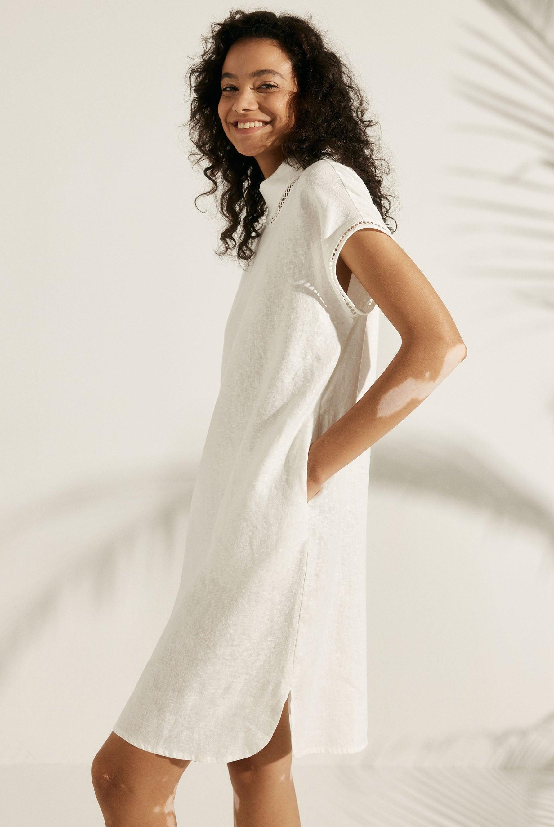 100% Linen Cutout Turtleneck Minidress - DRESSES-Linen Midi