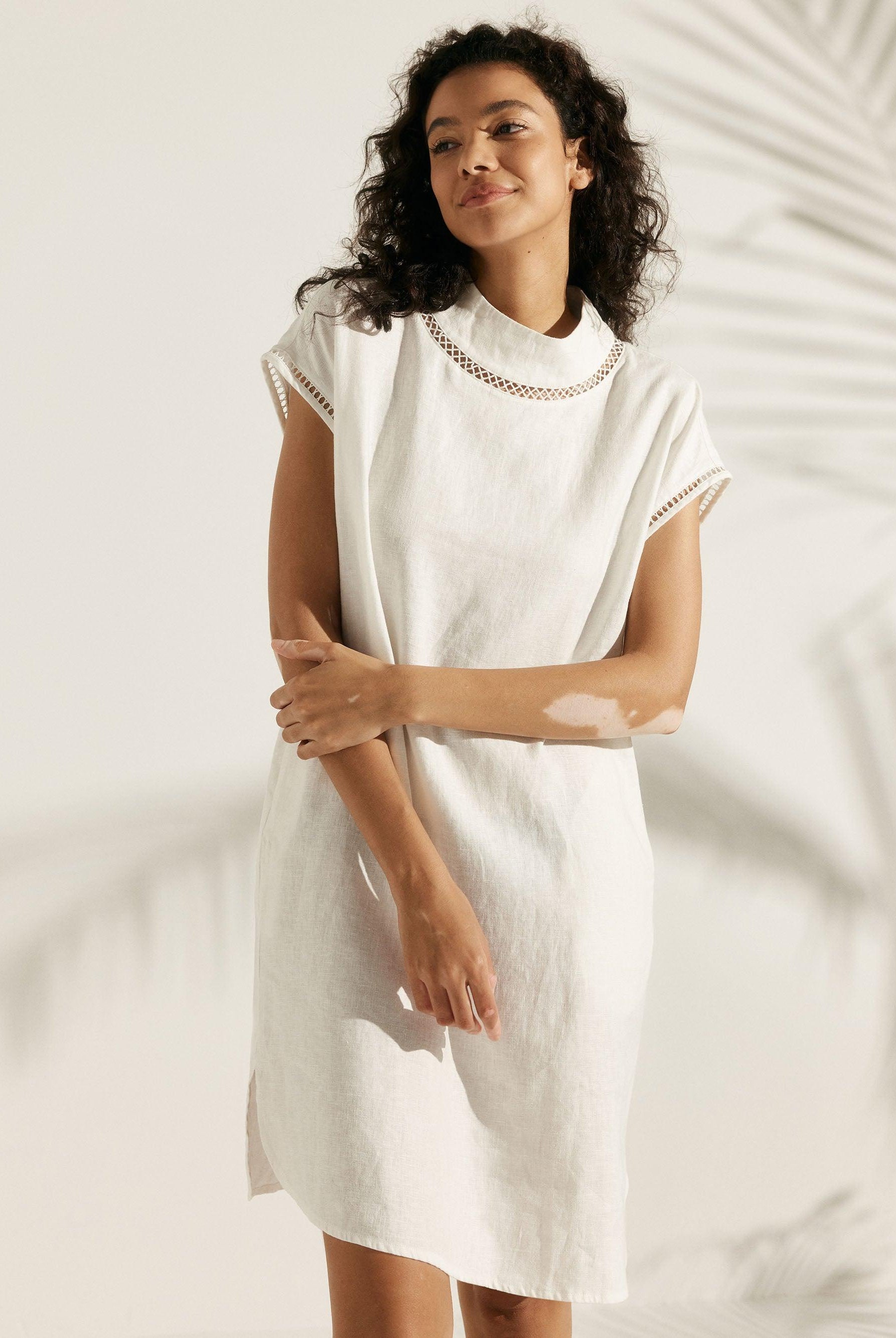 100% Linen Cutout Turtleneck Minidress - Optic White / S - DRESSES-Linen Midi
