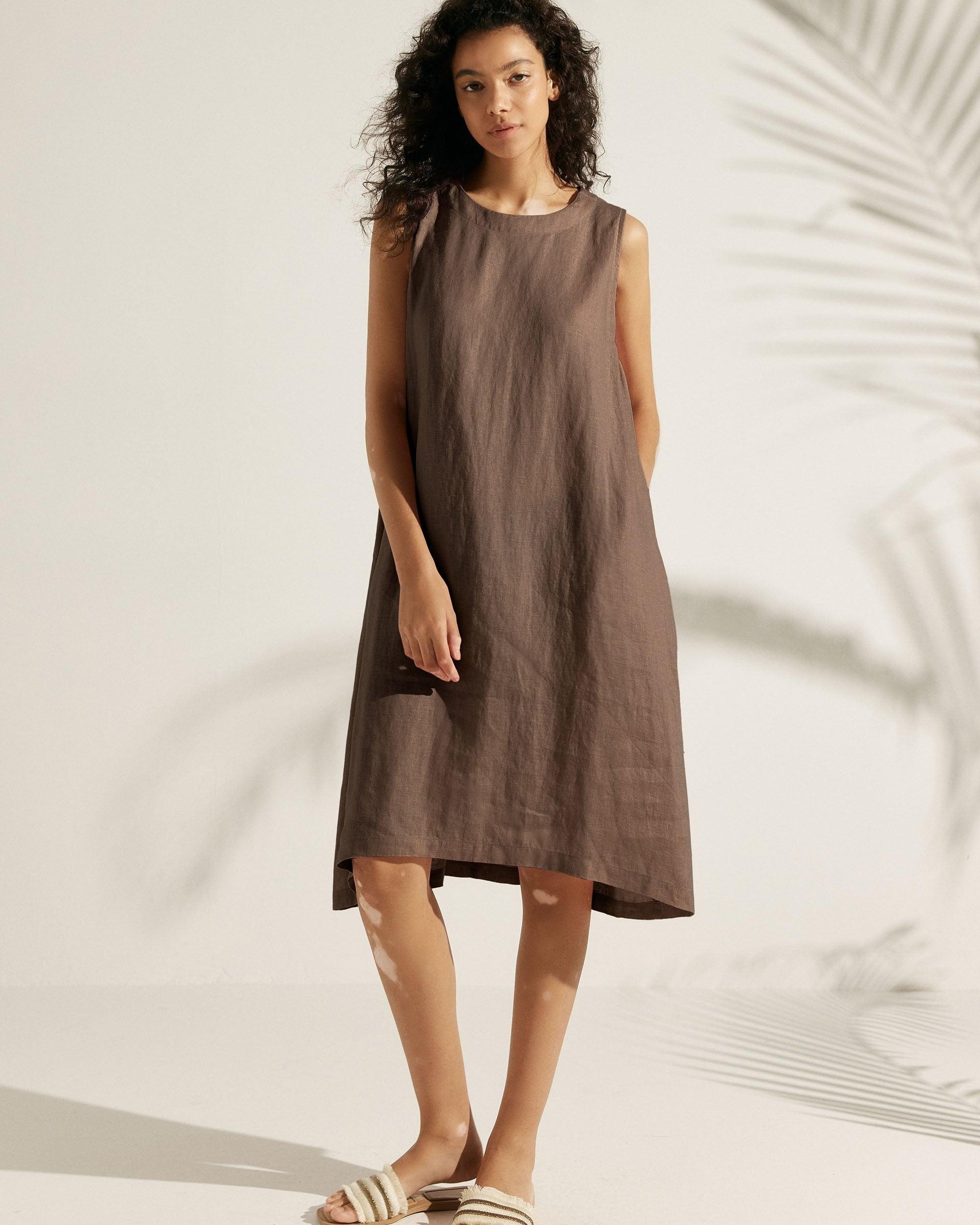 100% Linen Lightweight Sleeveless Dress SIENNA - Espresso / S - DRESSES-Linen Midi