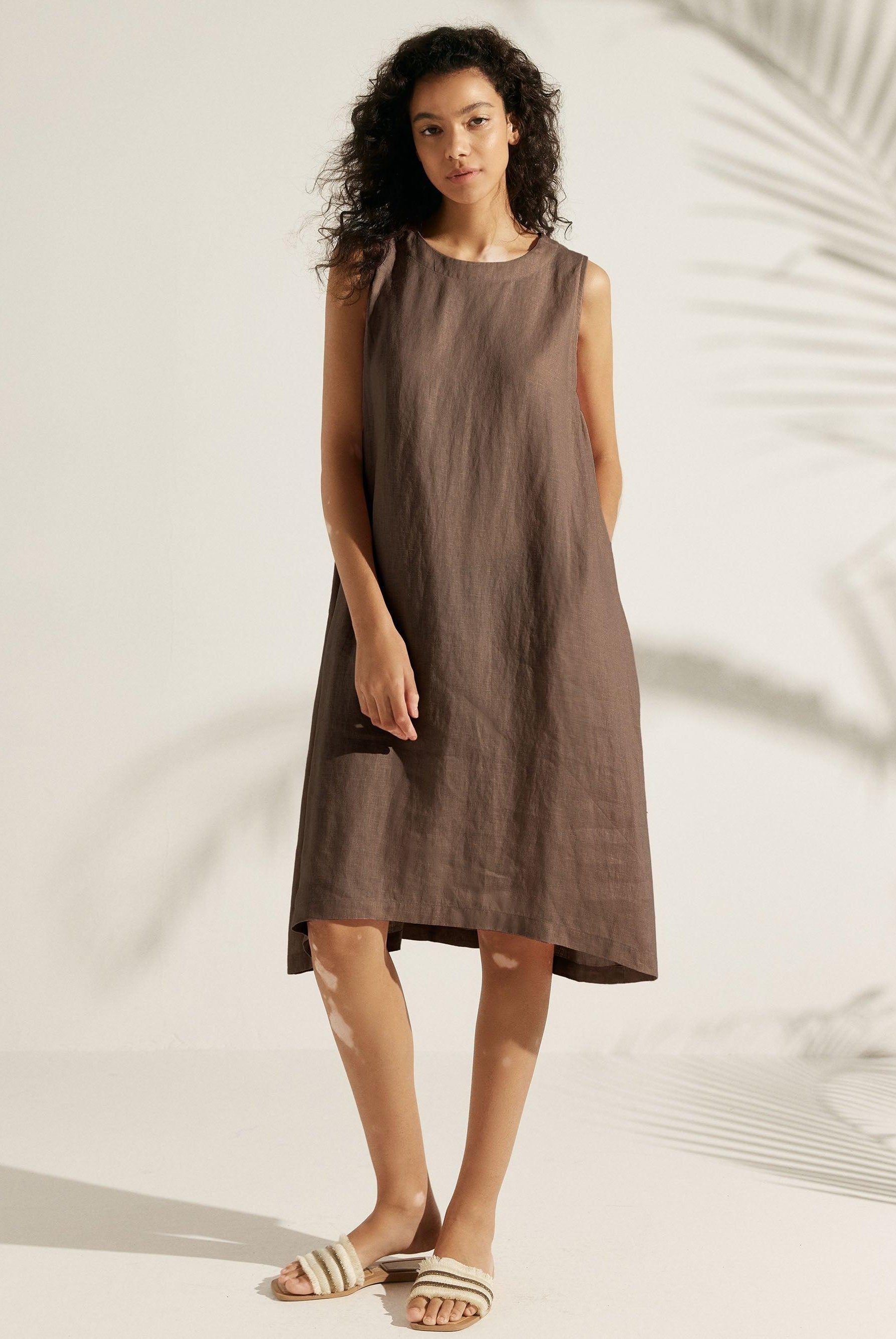 100% Linen Lightweight Sleeveless Dress SIENNA - Espresso / S - DRESSES-Linen Midi