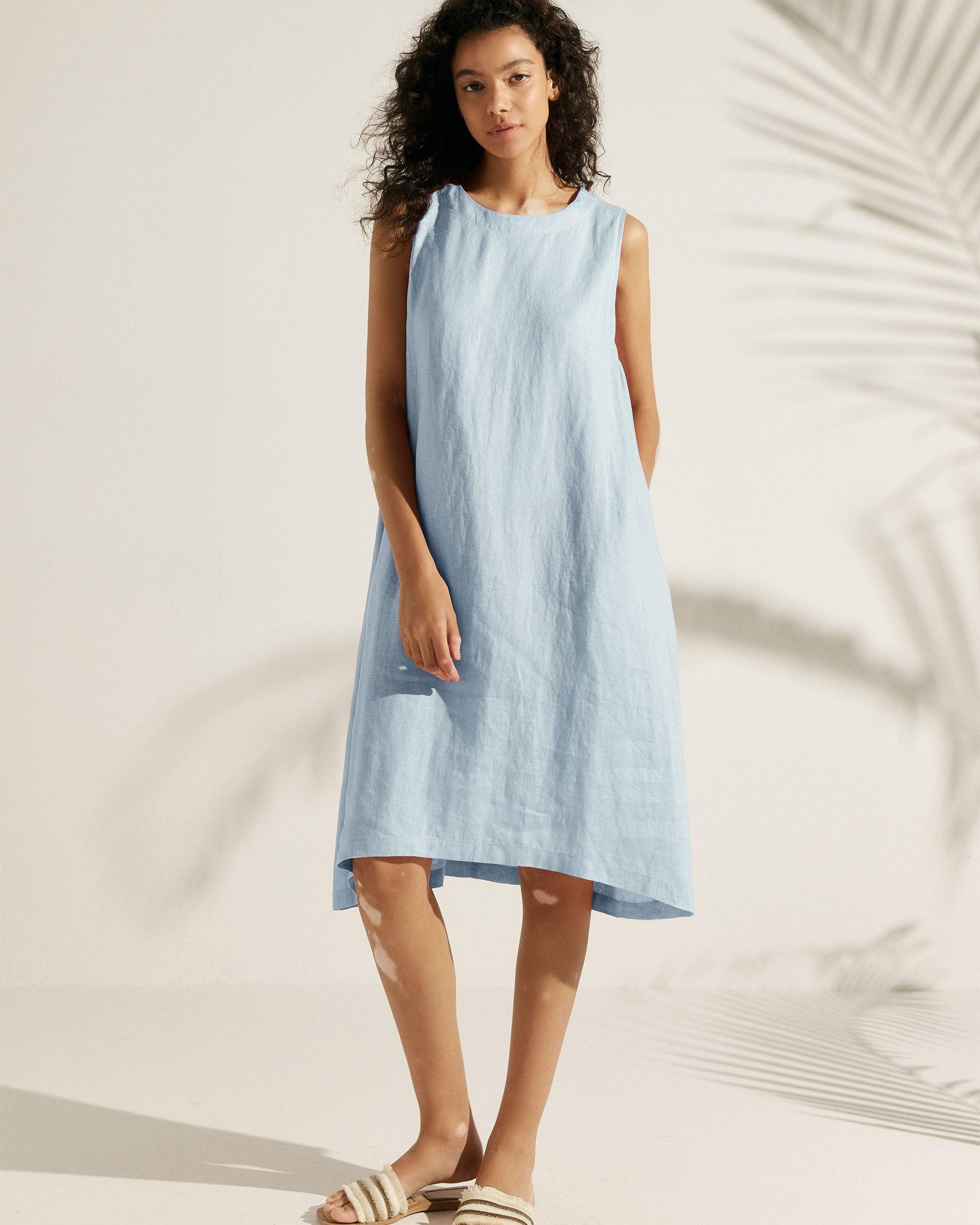 100% Linen Lightweight Sleeveless Dress SIENNA - Ice Blue / S - DRESSES-Linen Midi