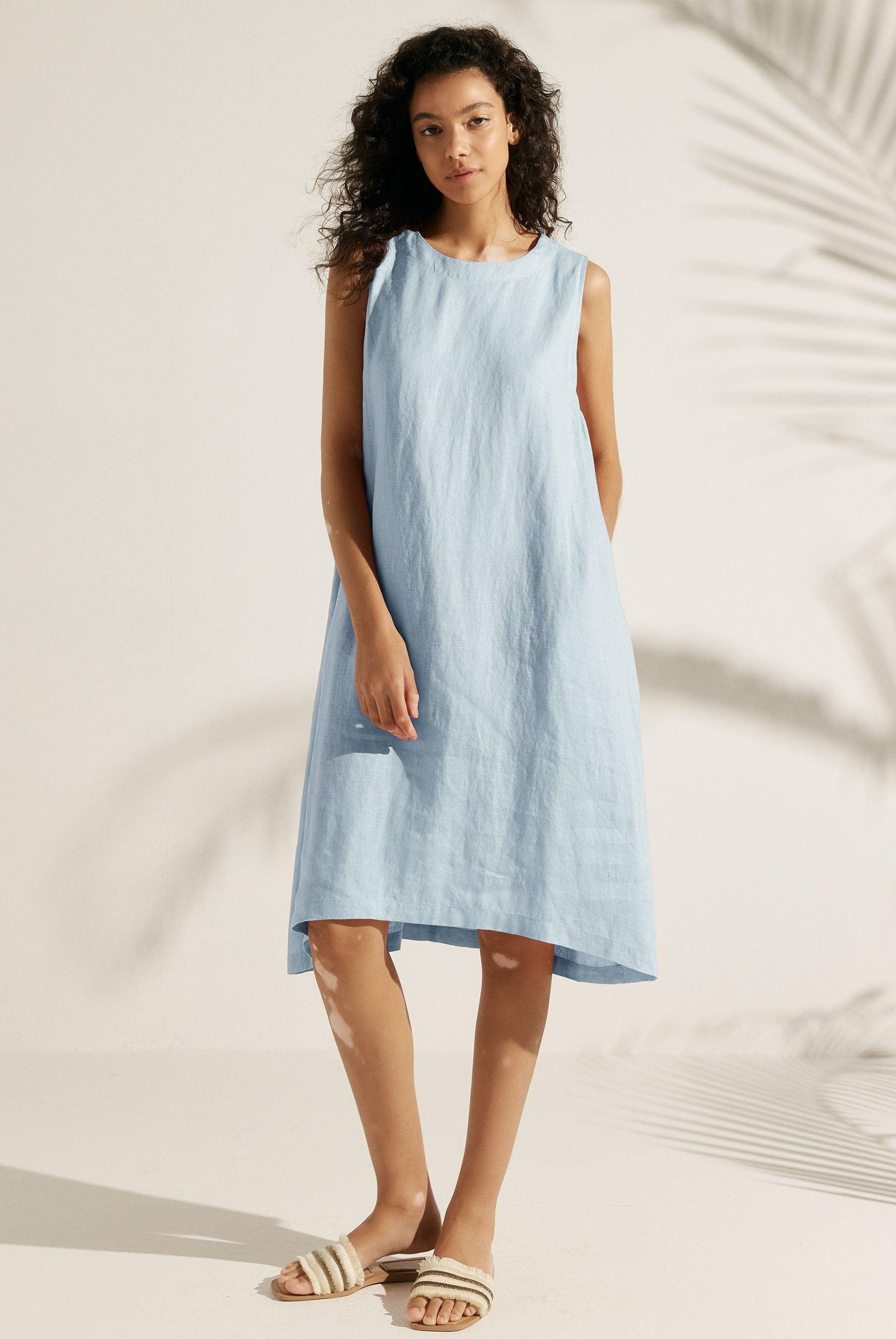 100% Linen Lightweight Sleeveless Dress SIENNA - Ice Blue / S - DRESSES-Linen Midi