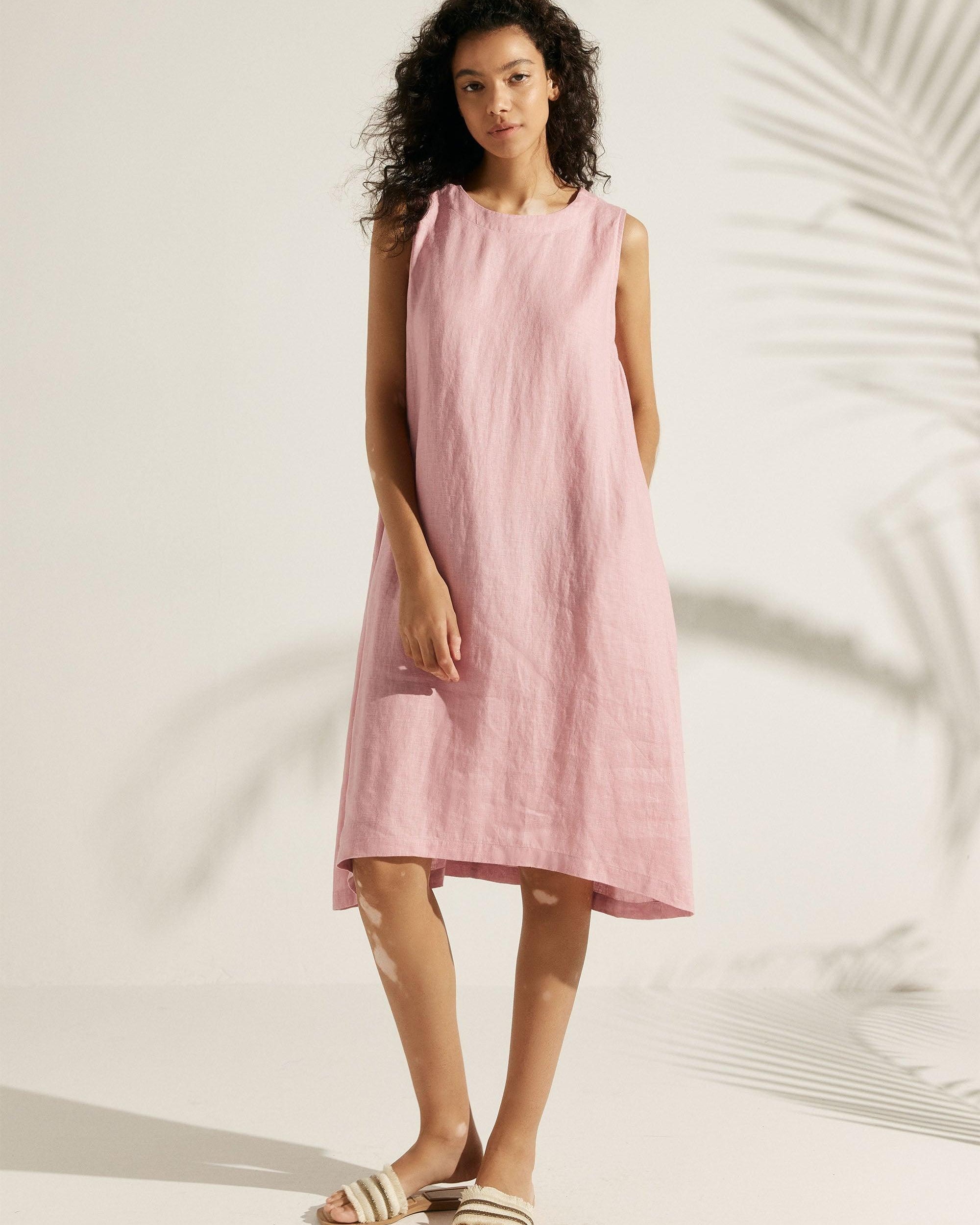 100% Linen Lightweight Sleeveless Dress SIENNA - Pastel Pink / S - DRESSES-Linen Midi