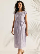 Linen Gingham Checked Cap Sleeve Washed Maxi Dress - DRESSES-Linen