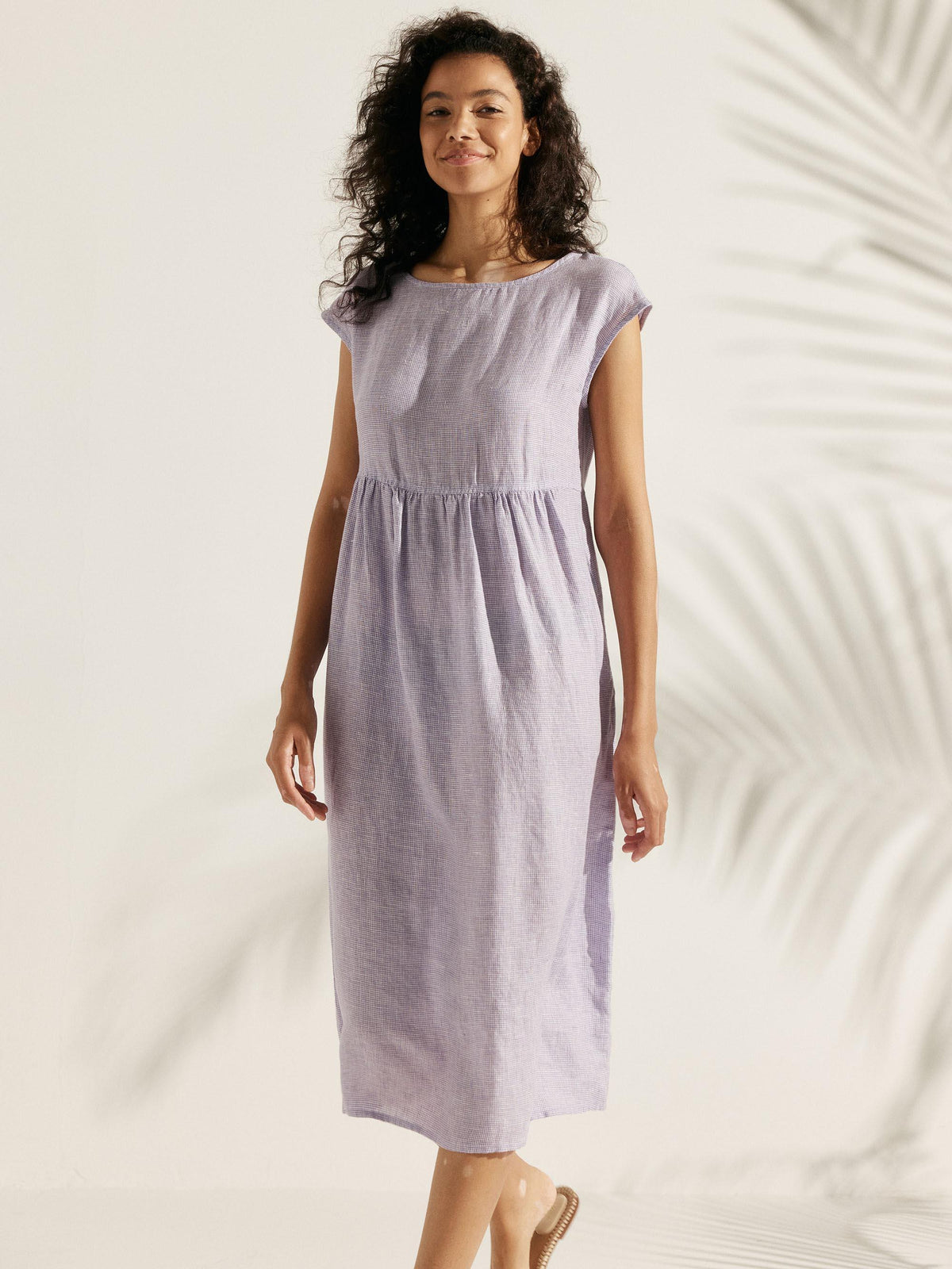 Linen Gingham Checked Cap Sleeve Washed Maxi Dress - DRESSES-Linen